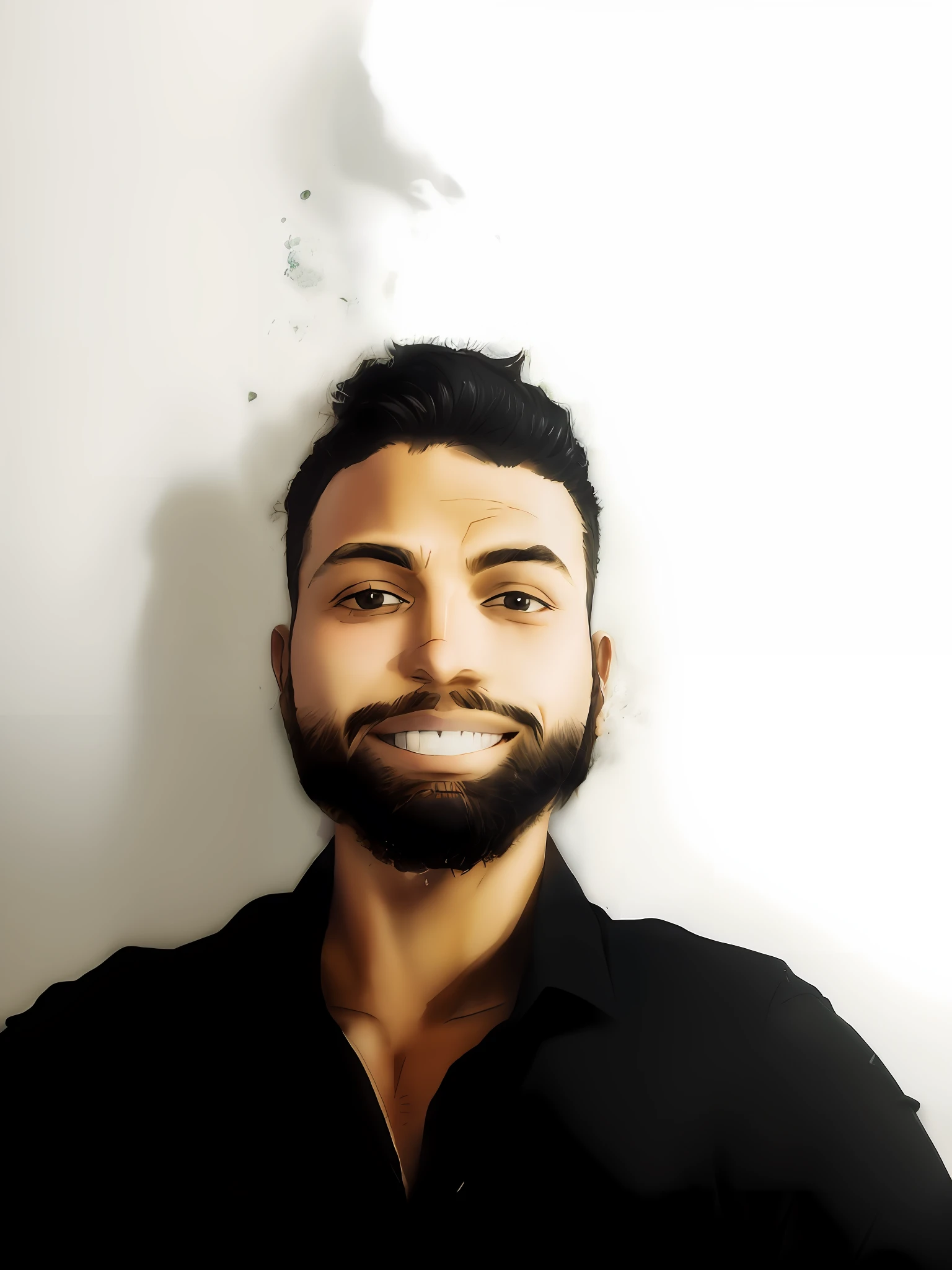 Man with beard and black shirt smiling, headshot profile picture, with small beard, high quality portrait, GTA and One Piece style, Zoro