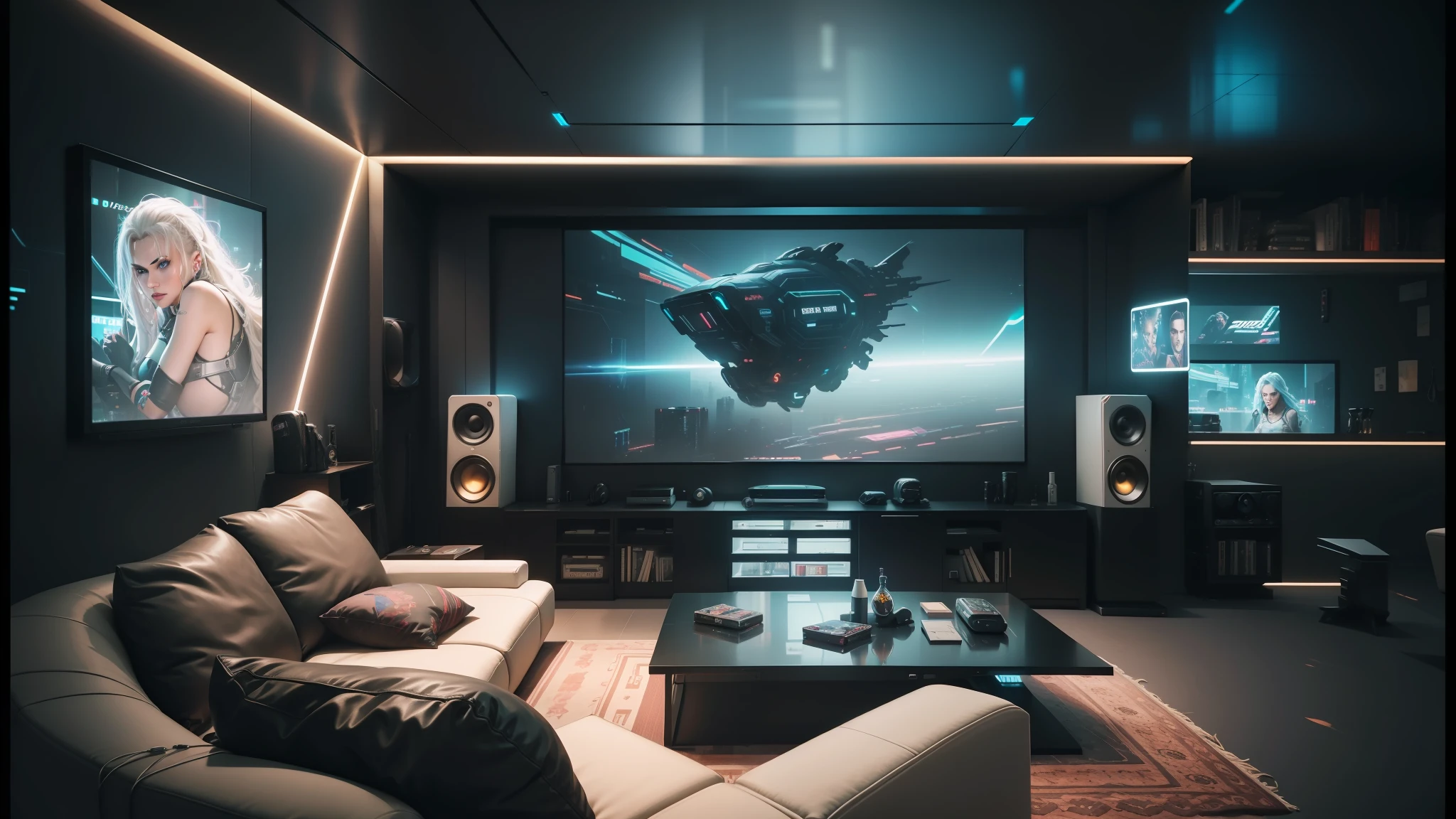 arafed room with a couch, table, speakers, and a large screen, movie setup, cinema, futuristic room, in a cyberpunk themed room, epic theater, scifi room, cyberpunk apartment, cinematic atmospher, gaming room in 2 0 4 0, the cyberpunk apartment, realistic space, apartment set in the near future, gaming room --auto --s2