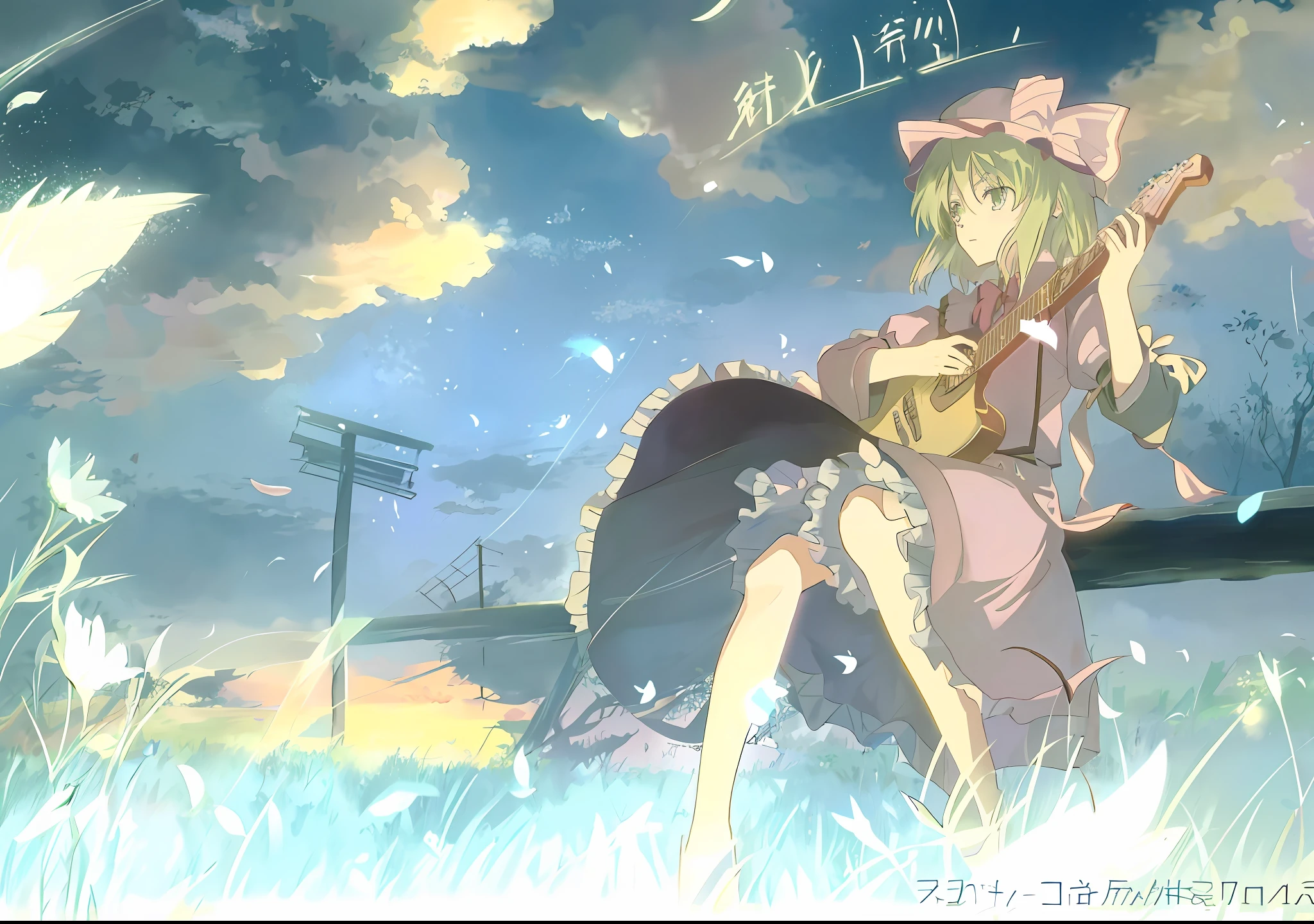 anime girl with a guitar in a field of grass, nightcore, anime beautiful peace scene, ethereal anime, beautiful anime, by Yuumei, daytime ethereal anime, beautiful anime artwork, dreamy psychedelic anime, atmospheric anime, anime atmospheric, beautiful fantasy anime, from touhou, romanticism lain, anime wallaper, beautiful anime art, anime picture, (anime girl)