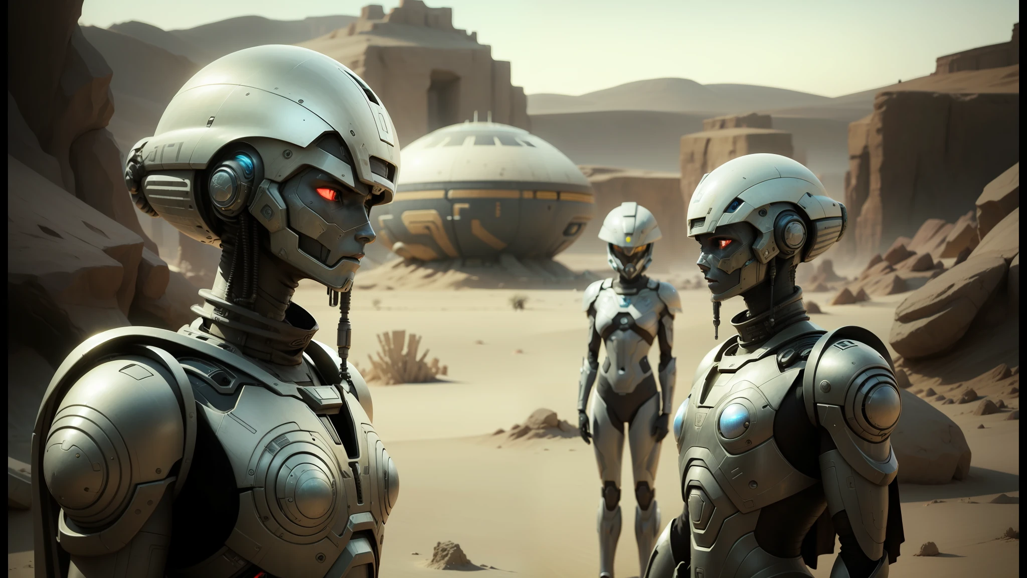 there are many robots that are standing in the desert, movie still of aztec cyborg, still from movie dune, film still from movie dune-2021, frame from prometheus movie, scene from the movie prometheus, scene from prometheus movie, eve online movie still, sci-fi highly detailed, movie still of a alien cyborg --auto --s2