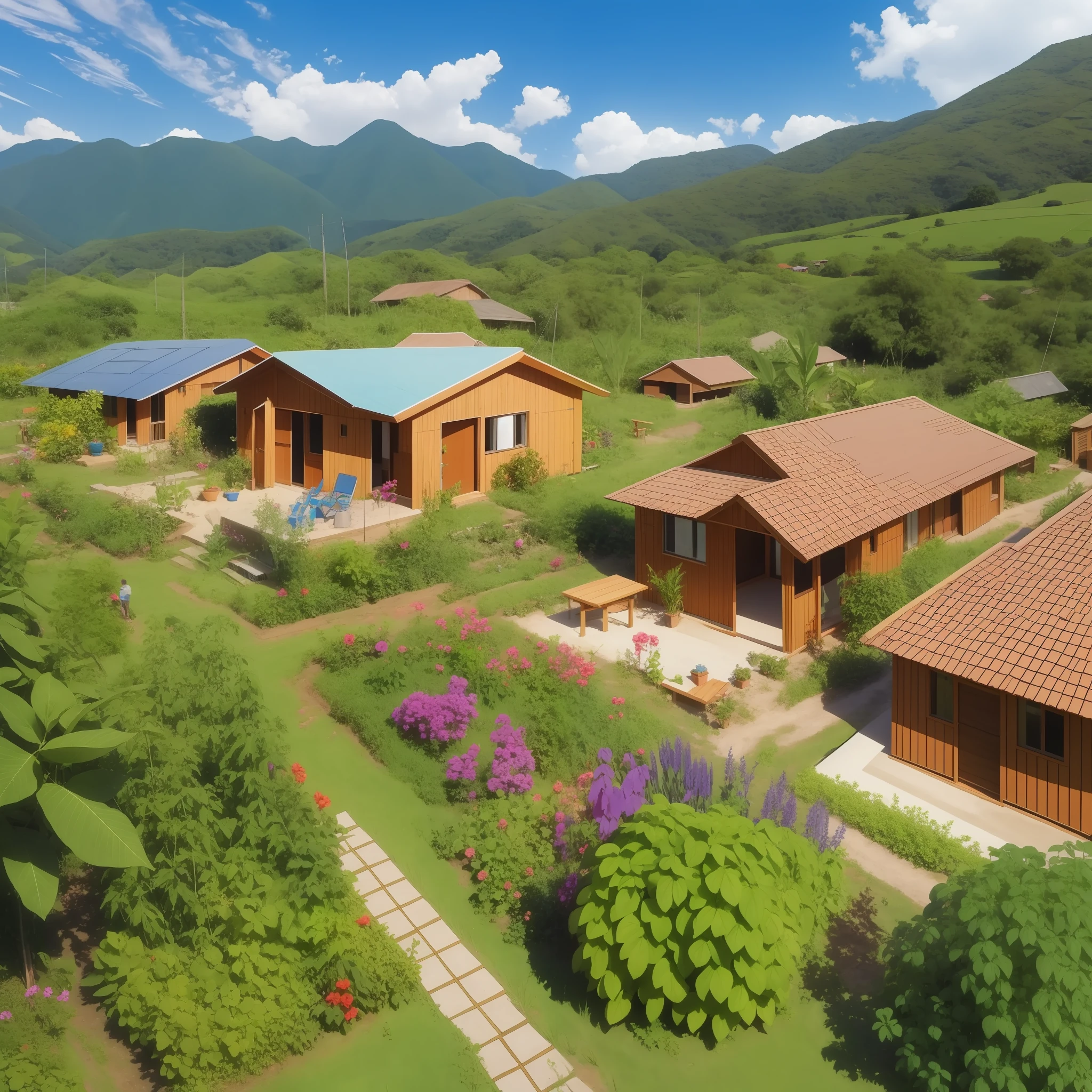 A sustainable community with ecological houses, organic plantations and people interacting in joint activities such as building community gardens or craft workshops. --auto --s2