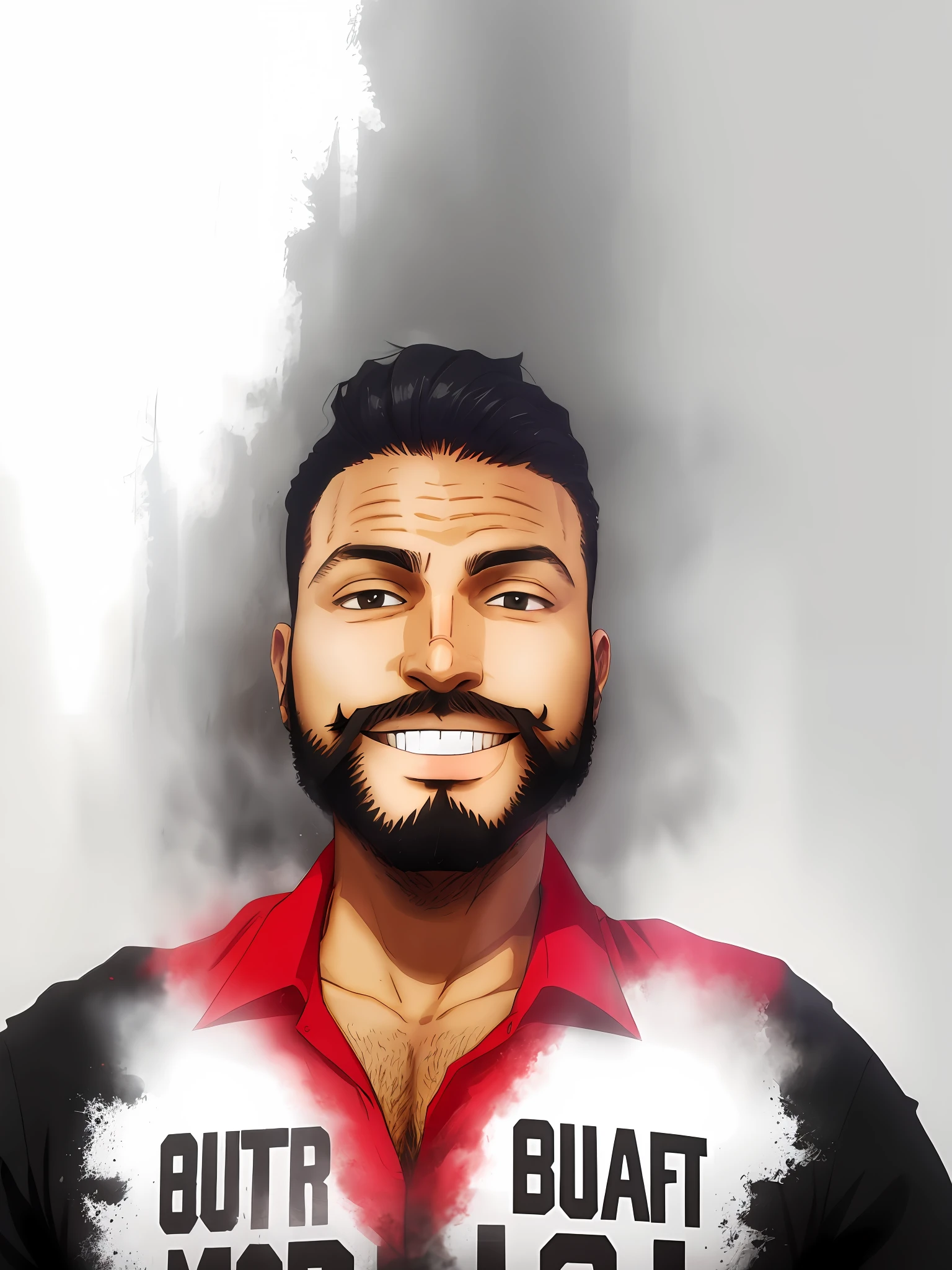 Man with beard and black shirt smiling, headshot profile picture, with small beard, high quality portrait, GTA style, anime