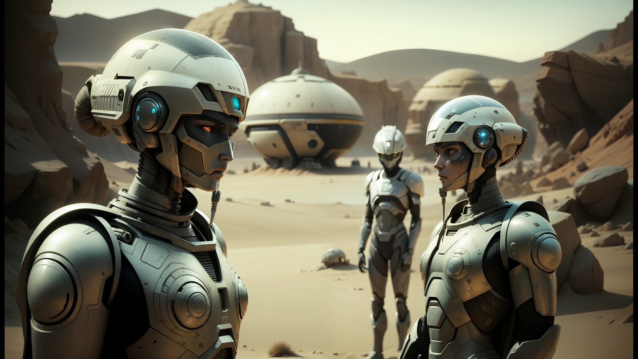 there are many robots that are standing in the desert, movie still of aztec cyborg, still from movie dune, film still from movie dune-2021, frame from prometheus movie, scene from the movie prometheus, scene from prometheus movie, eve online movie still, sci-fi highly detailed, movie still of a alien cyborg --auto --s2