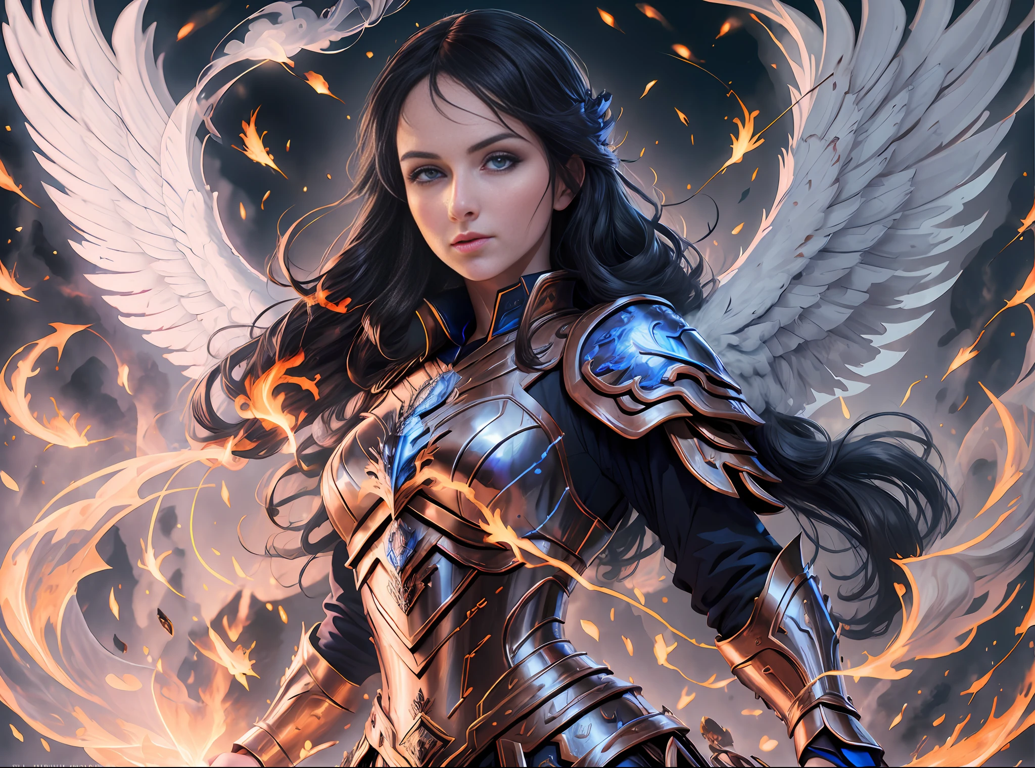 ((Realistic lighting, top quality, 8K, Masterpiece: 1.3)), white woman, long hair, black hair, blue eyes, fine features, phoenix armor, ancient london, particles, smoke, fire, looking at the camera. --auto --s2