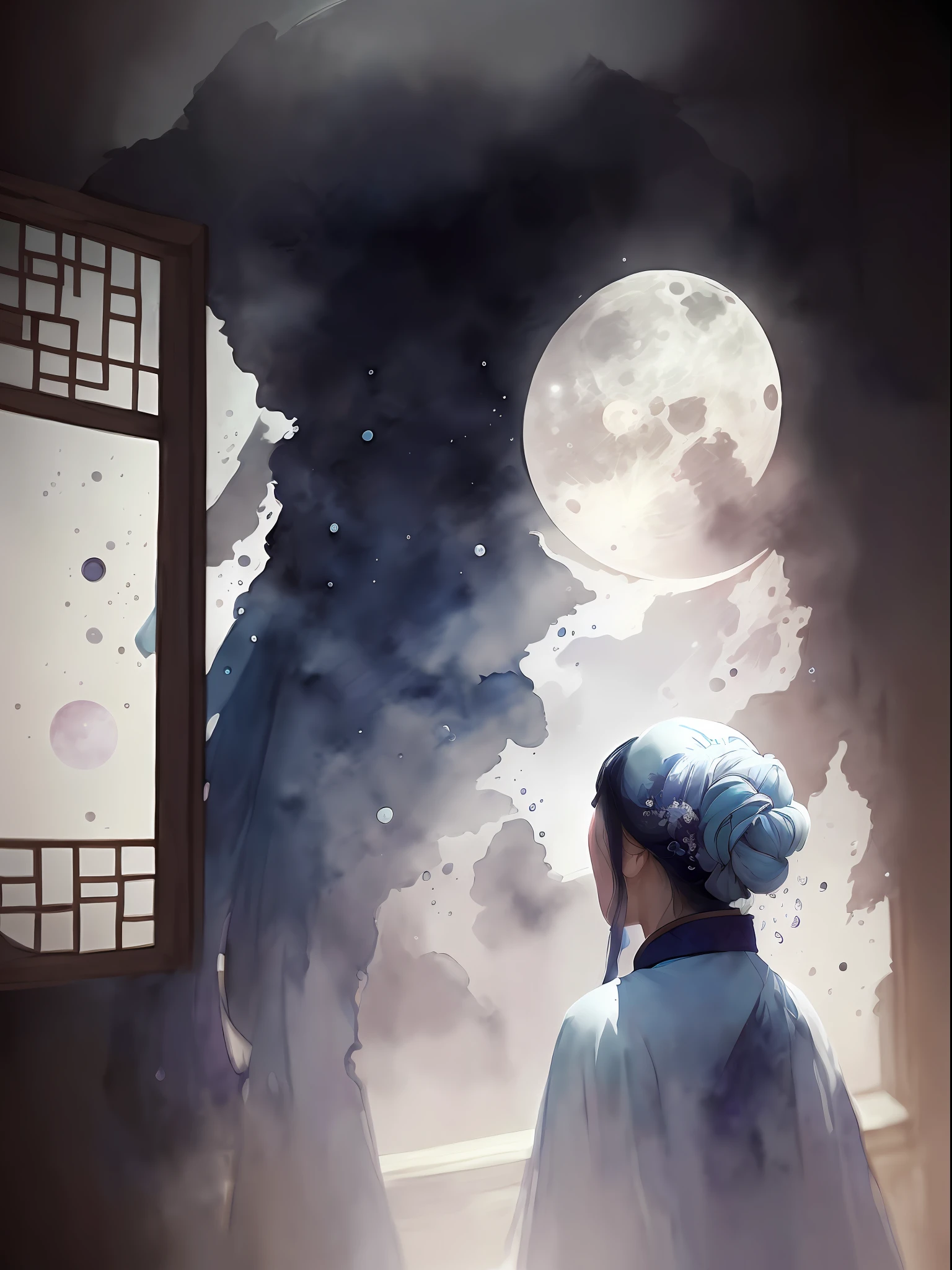 (Watercolor style, spectral art) + (An ancient Chinese woman looks at the moon from the window of a house, silent, hyperbolic, mysterious, quiet room illuminated by white moonlight, distant drizzle falling. (Moon: 2). (rich gorgeous colors in the distance) + (smudge splash) + (clear light and shadow swaying dynamics), from above, wide-angle lens --auto --s2