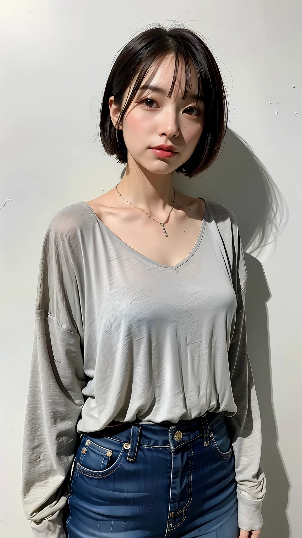 "Best Quality, 8k, 32k, Masterpiece, UHD: 1.2", "Cute Japan Pictures of Women", "Very Short Bob Hair", "Upper Body", ":1.1) Silver Necklace", "Look Around", "White linen clothes"