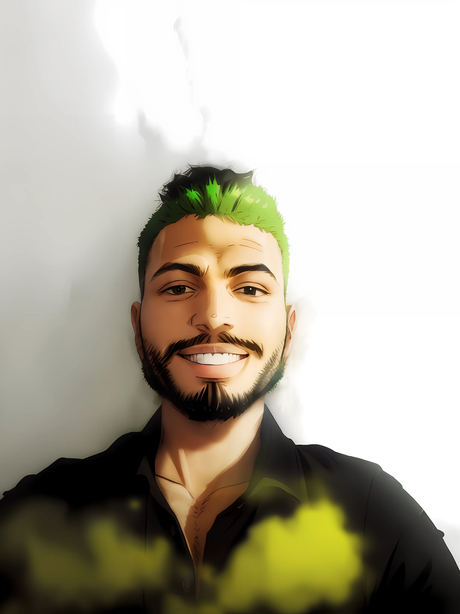 Man with beard and black shirt smiling, headshot profile picture, with small beard, high quality portrait, GTA and One Piece style, Zoro
