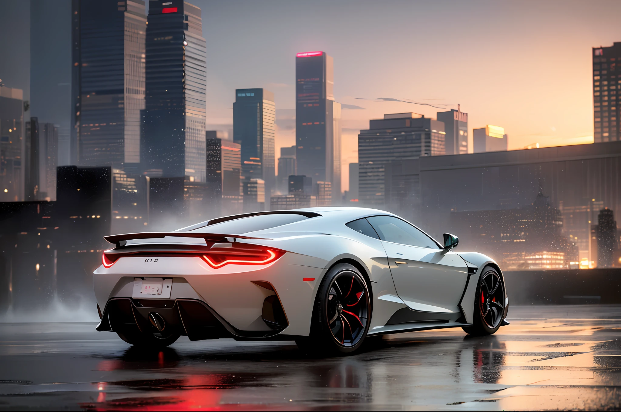 (best quality, masterpiece:1.2), photorealistic, (ambient light:1.3), (cinematic composition:1.2), 8k, hdr, ultra high res, Exquisite details and textures, sportscar, supercar, tail lights, sunset, street view, skyscrapers, skylines, cyberpunk, neon lights, clouds, raining, wet floor, reflection, dusty air, light particles, ray of lights, detailed background, depth of field, professional lighting, photon mapping, radiosity, physically-based rendering