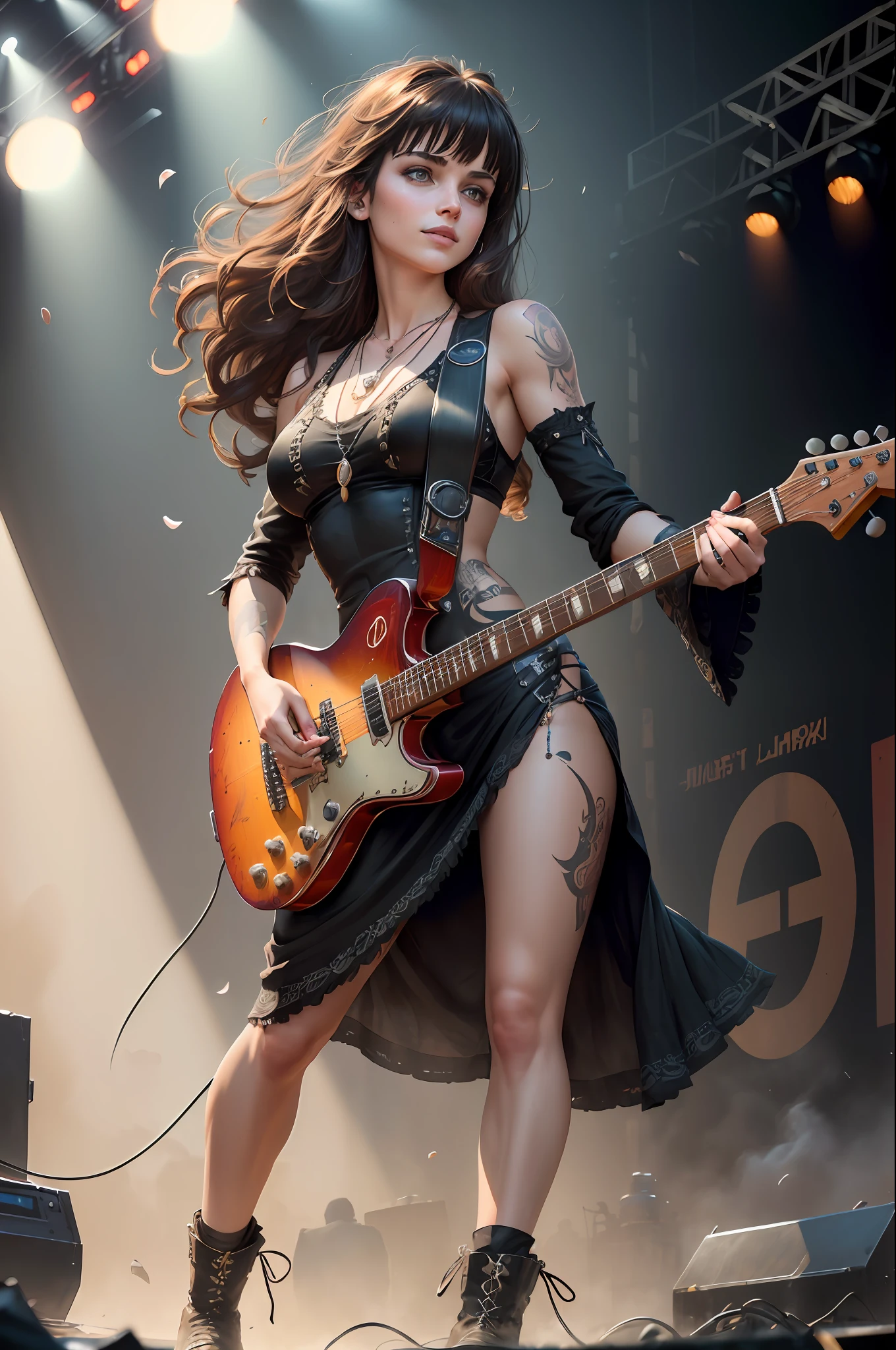full body, walking pose, slow motion, a woman rocking a guitar, heavy tattoo girl, with black short dress, (detail fabric clothing ), red long boots, heavy metal and leather guitar stitched, tattoo on the chest, curly long brown hair, detail face, ((highly detailed skin, visible pores, long hair with necklace detail jewellery)), tone body, large breasts, (insanely detailed, bloom:1.5), (highest quality, Alessandro Casagrande, Greg Rutkowski, Sally Mann, concept art, 4k), (analog:1.2), (high sharpness), (detailed pupils:1.1), (painting:1.1), (digital painting:1.1), detailed face and eyes, Masterpiece, best quality, (gothic makeup, eyes sahdow and smirking smile, sexy, sensual, skinny, thick bangs, beauty), (highly detailed photo:1.1), 8k, photorealistic, automatic white balance, mastoid process, invisible hand, HDR, ((detail background, big concert stage, live performance mucis festival, rock band)), By jeremy mann, by sandra chevrier, by maciej kuciara, sharp, (perfect body:1.1), realistic, real shadow, 3d, (by Michelangelo)