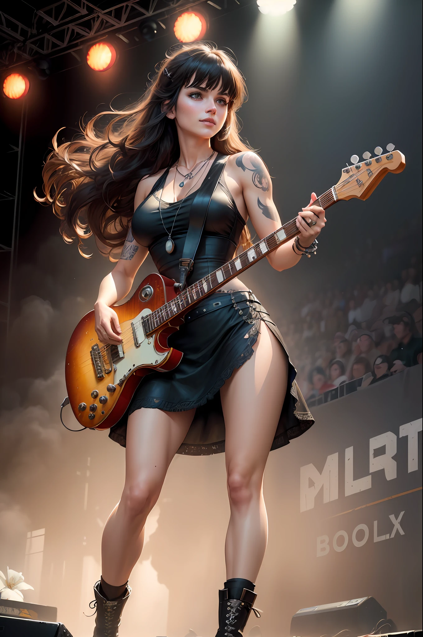 full body, walking pose, slow motion, a woman rocking a guitar, heavy tattoo girl, with black short dress, (detail fabric clothing ), red long boots, heavy metal and leather guitar stitched, tattoo on the chest, curly long brown hair, detail face, ((highly detailed skin, visible pores, long hair with necklace detail jewellery)), tone body, large breasts, (insanely detailed, bloom:1.5), (highest quality, Alessandro Casagrande, Greg Rutkowski, Sally Mann, concept art, 4k), (analog:1.2), (high sharpness), (detailed pupils:1.1), (painting:1.1), (digital painting:1.1), detailed face and eyes, Masterpiece, best quality, (gothic makeup, eyes sahdow and smirking smile, sexy, sensual, skinny, thick bangs, beauty), (highly detailed photo:1.1), 8k, photorealistic, automatic white balance, mastoid process, invisible hand, HDR, ((detail background, big concert stage, live performance mucis festival, rock band)), By jeremy mann, by sandra chevrier, by maciej kuciara, sharp, (perfect body:1.1), realistic, real shadow, 3d, (by Michelangelo)