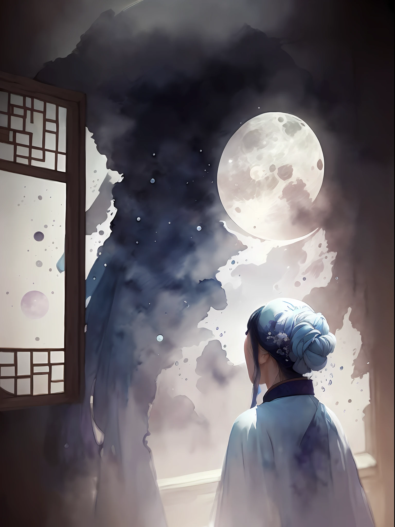 (Watercolor style, spectral art) + (An ancient Chinese woman looks at the moon from the window of a house, silent, hyperbolic, mysterious, quiet room illuminated by white moonlight, distant drizzle falling. (Moon: 2). (rich gorgeous colors in the distance) + (smudge splash) + (clear light and shadow swaying dynamics), from above, wide-angle lens --auto --s2