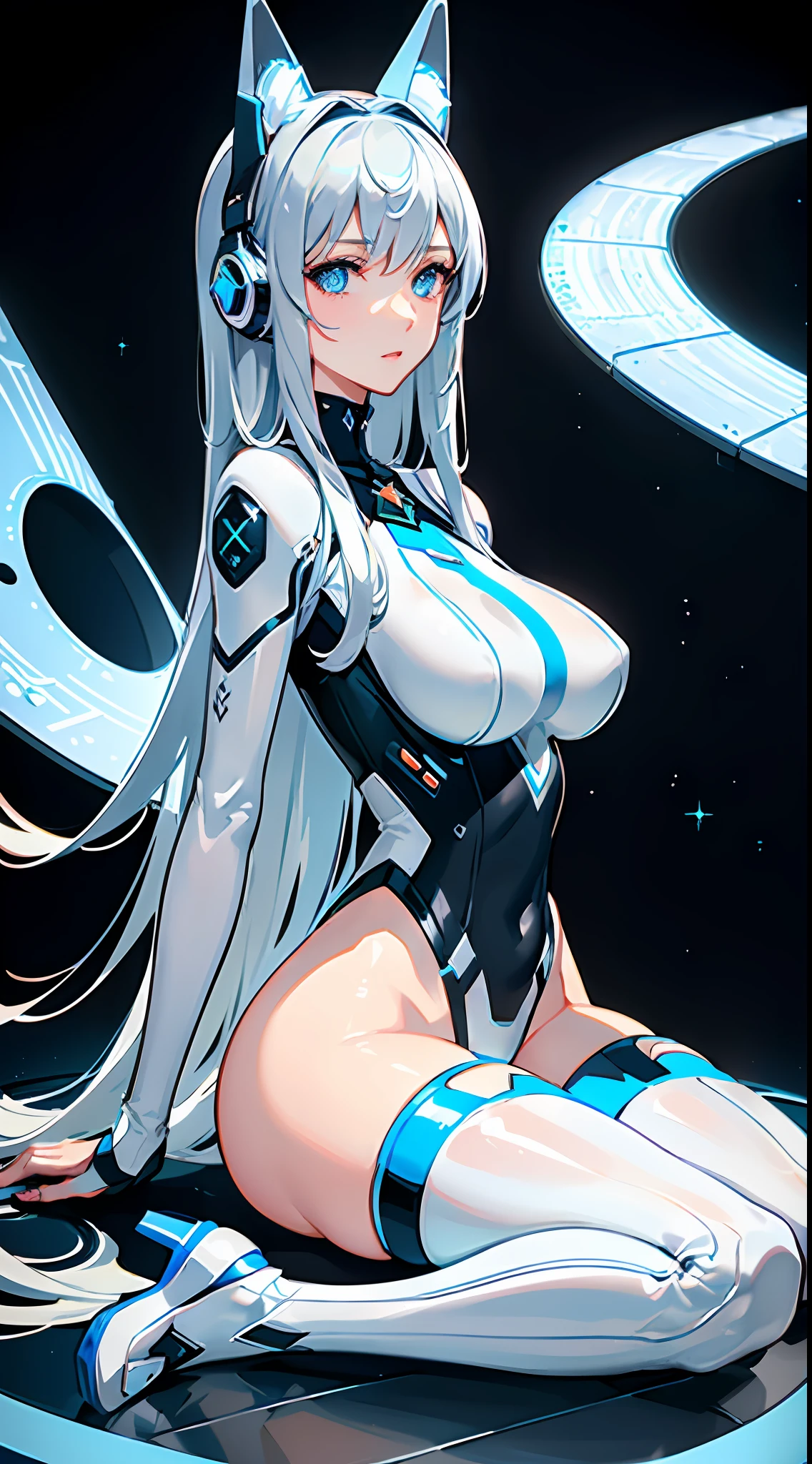 high resolution, extremely delicate and beautiful,finely detailed eyes and detailed face,ultra detailed, perfect details, shiny skin, 1girl, solo, masterpiece, best quality, high_resolution, finely detailed, bishoujo: 1.3, perfect face, solo, extremely detailed CG, high quality, dynamic angle, extremely delicate and beautiful, 1girl, (starry space background), (spacecraft, (futuristic white bodysuit with blue leds), sitting, science fiction, long hair, silver hair, deep blue eyes, cameltoe, erect, headset, huge breasts, sexy beautiful young woman, robotic cat ears, thick thighs, very tight clothes, narrow waist)