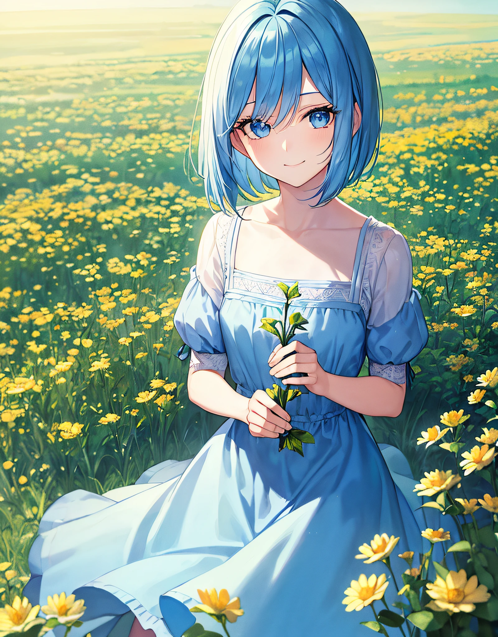 ((Best Quality, Masterpiece)),Field,Blue Sky, Light Blue Hair, Bob Cut, Long Eyelashes, Indigo Eyes, Smile, Gentle Expression, Bangs Bangs Bangs, Alone, Saint, Picking Flowers, Gothic Costume