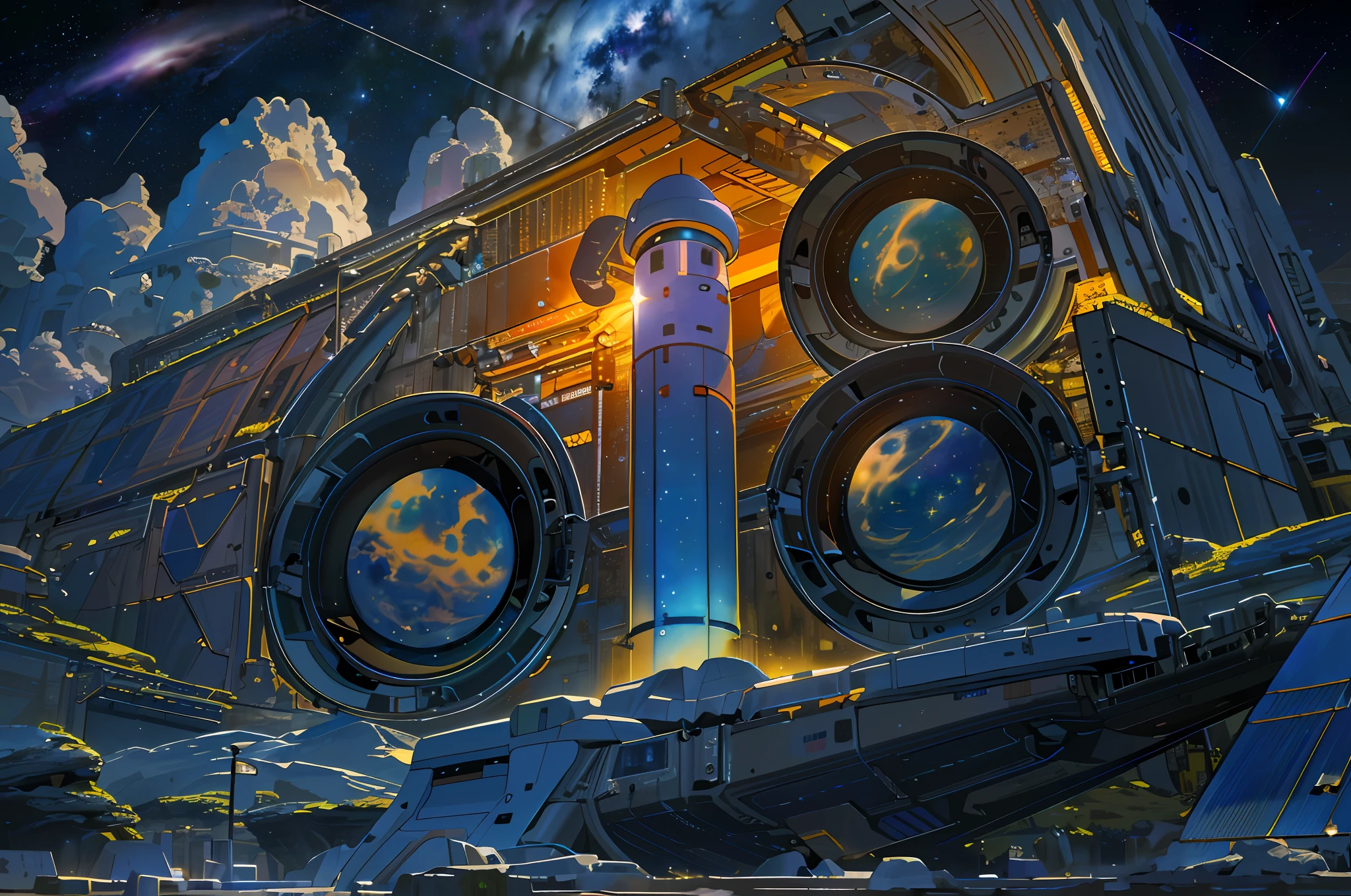 ((8k, RAW photo, best quality, masterpiece: 1.4)), ultra-high resolution, ultra-detailed, illustration, close-up, astronaut, environment only, laboratory, spacecraft, made of stone, night, starry sky, architecture, future, imagination, outdoors, background only