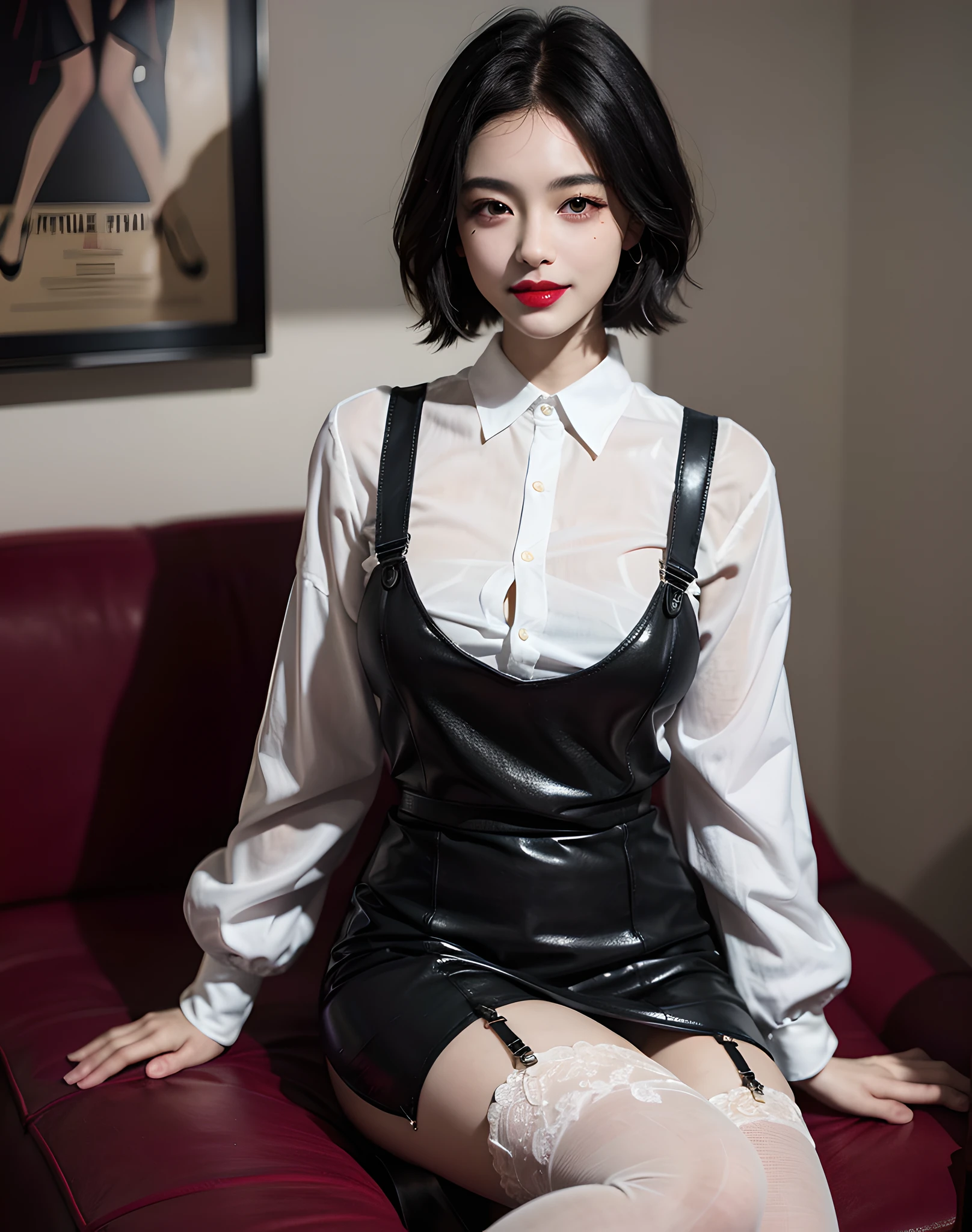 Retina, UHD, Masterpiece, Correct Anatomy, Textured Skin, Super Detail, High Detail, Best Quality, High Resolution, 8k, (True: 1.4), Moyou Style
A girl with black hair and black eyes, red lips and a smile, full body shot, suspenders, conservative clothes, big eyes, black stockings