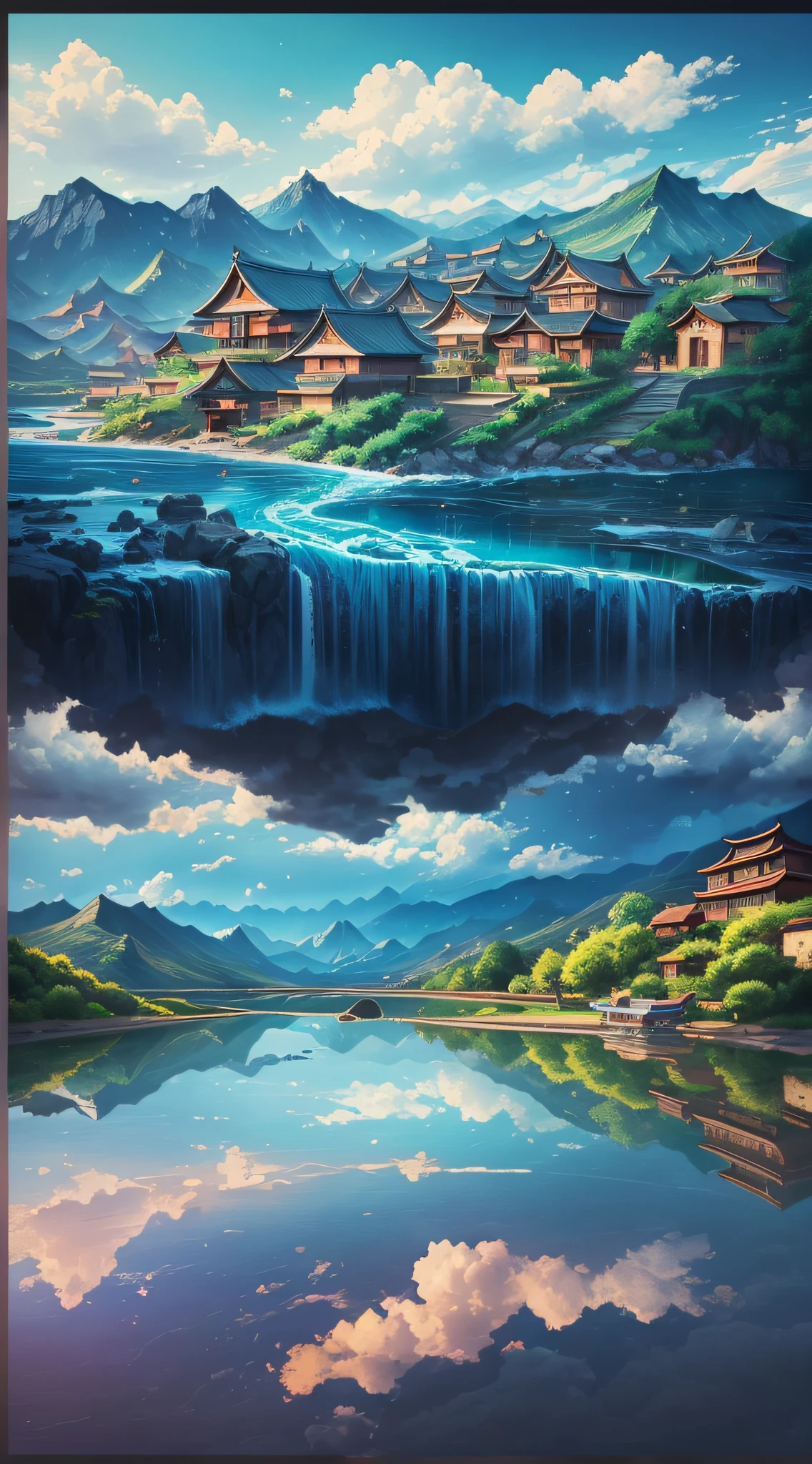 Chinese illustration on blue background, auspicious clouds, canyon, stream, boat, pine tree, mountains, many houses, many ancient buildings, 16K, 3D, pastel, multidimensional pen and paper, tunnel composition, warm light, UHD, façade perspective, super realistic, Morandi color, exquisite details, wide view, epic details,--ar 1:2 --chaos 10 --q2 --v5 --s750 --auto --s2