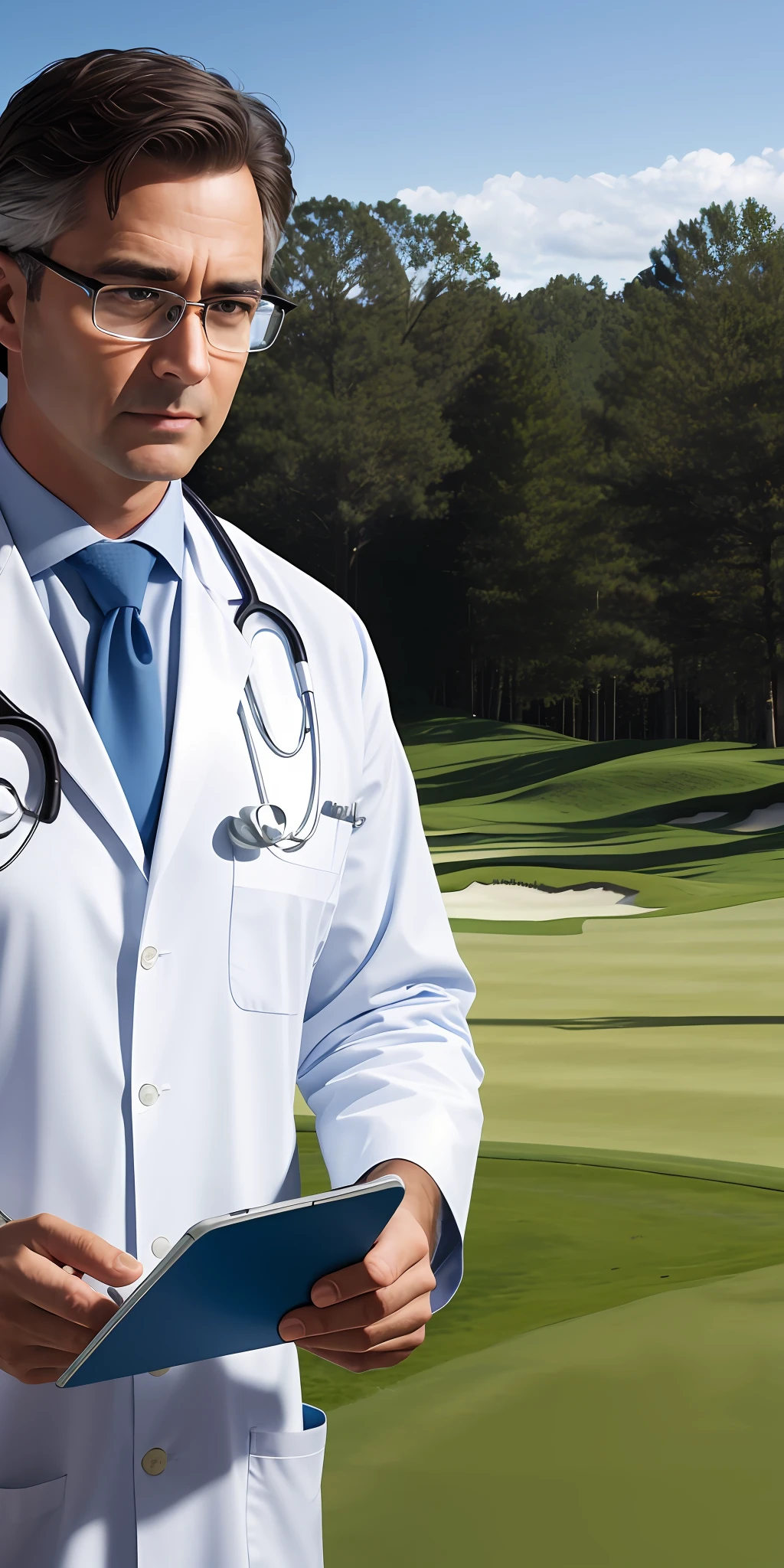 Ultra realistic, hd photo, A Man that is a doctor with equipment and he is analyzing a golf course, Has glasses