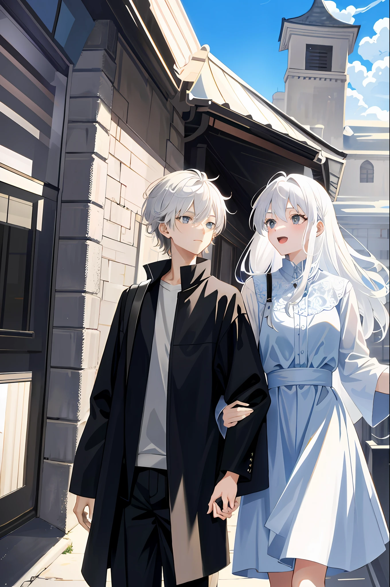 Anime, Highest Quality, Extreme Light and Shadow, Master Composition, Side View, , (Boy: 1.1+ Girl), (Hand in Hand), (Laughs), Girl {White Hair: 1.3, Gray Eyes}, Boy {Brunet: 1.2, Black Eyes, Messy Hair: 1.1, Unruly, Arrogant: 0.9}, Beautiful Sky, (Shadow Enhancement: 1.1)