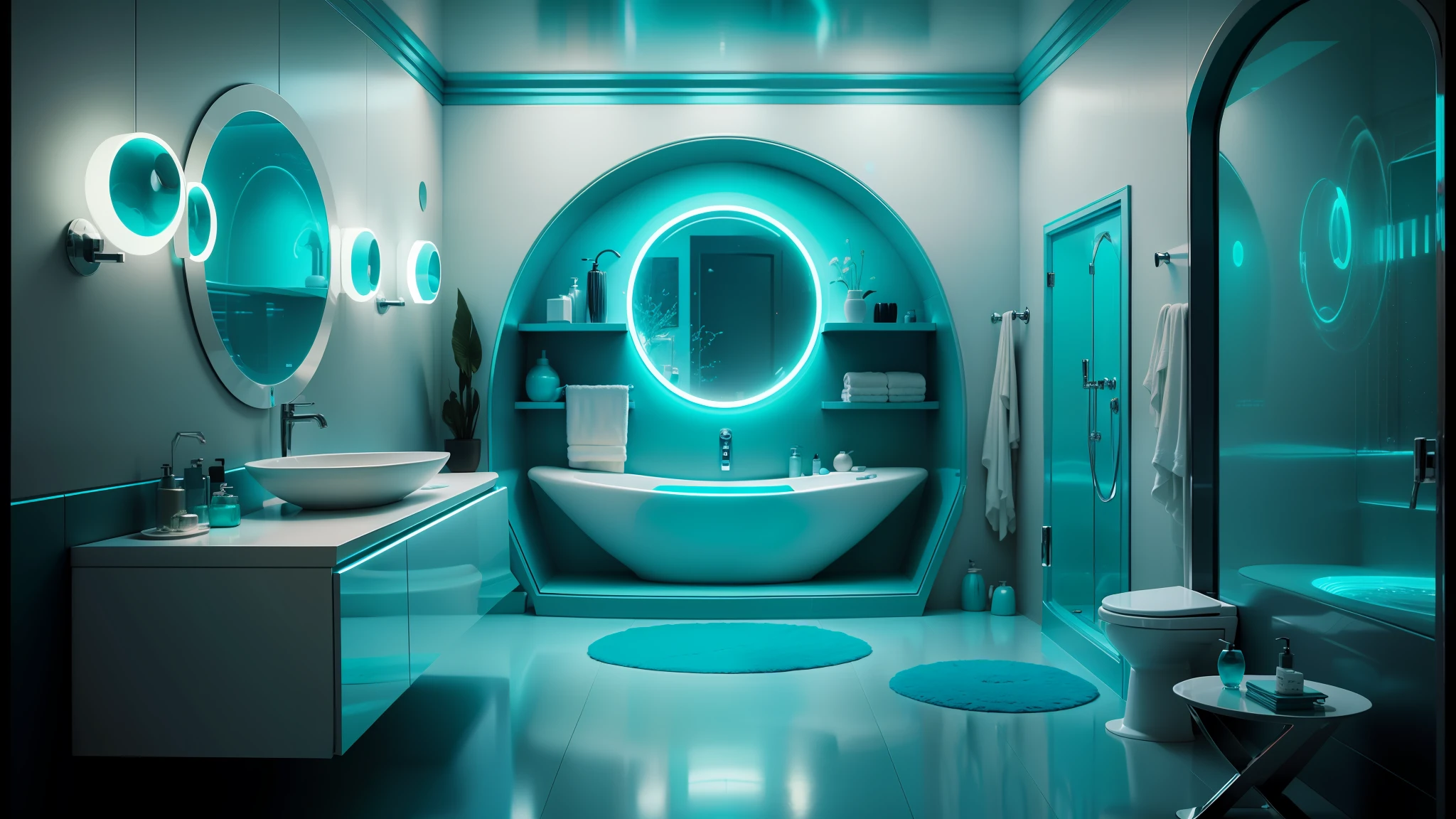 there is a bathroom with a tub and a sink in it, futuristic decor, ambient teal light, futuristic room background, dynamic pearlescent teal light, futuristic room, interior of a bathroom, teal lighting, bioluminescent lighting, turquoise and pink lighting, premium bathroom design, futuristic decoration, 3d lighting, futuristic interior, blue accent lighting --auto --s2