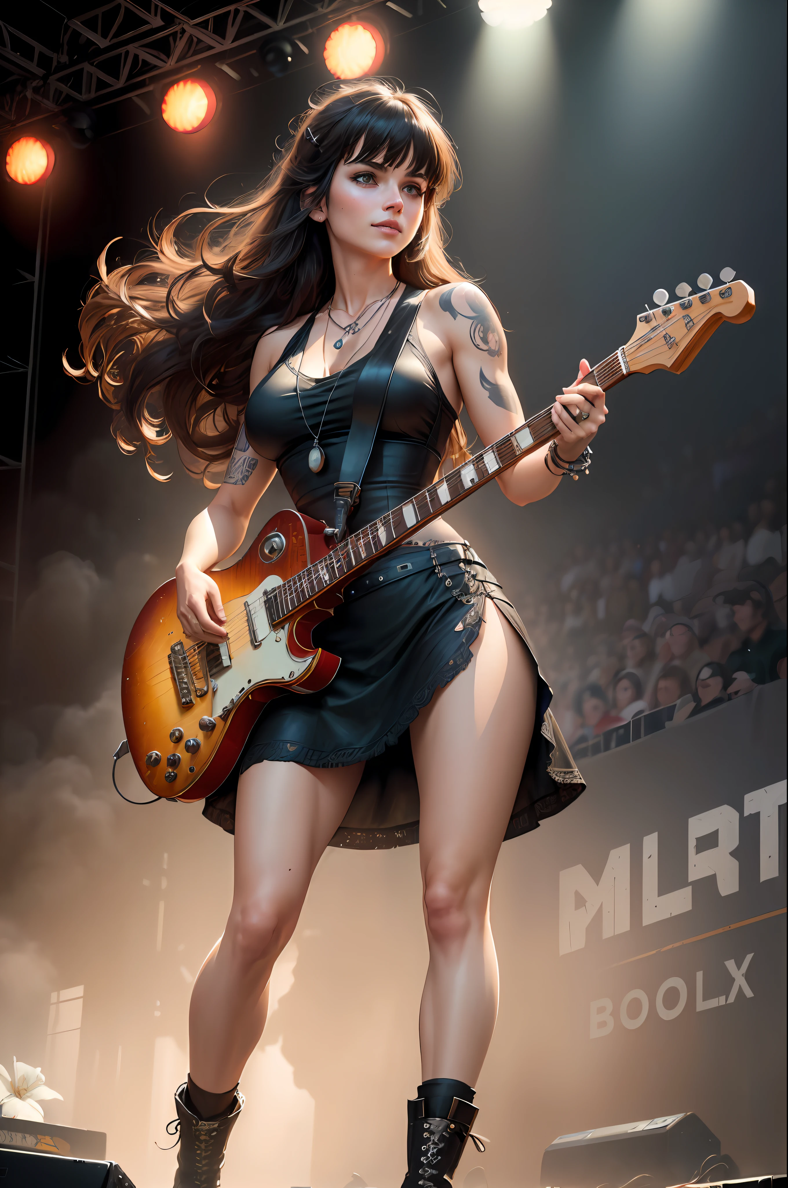 full body, walking pose, slow motion, a woman rocking a guitar, heavy tattoo girl, with black short dress, (detail fabric clothing ), red long boots, heavy metal and leather guitar stitched, tattoo on the chest, curly long brown hair, detail face, ((highly detailed skin, visible pores, long hair with necklace detail jewellery)), tone body, large breasts, (insanely detailed, bloom:1.5), (highest quality, Alessandro Casagrande, Greg Rutkowski, Sally Mann, concept art, 4k), (analog:1.2), (high sharpness), (detailed pupils:1.1), (painting:1.1), (digital painting:1.1), detailed face and eyes, Masterpiece, best quality, (gothic makeup, eyes sahdow and smirking smile, sexy, sensual, skinny, thick bangs, beauty), (highly detailed photo:1.1), 8k, photorealistic, automatic white balance, mastoid process, invisible hand,  HDR, ((detail background, big concert stage, live performance mucis festival, rock band)), By jeremy mann, by sandra chevrier, by maciej kuciara, sharp, (perfect body:1.1), realistic, real shadow, 3d, (by Michelangelo)