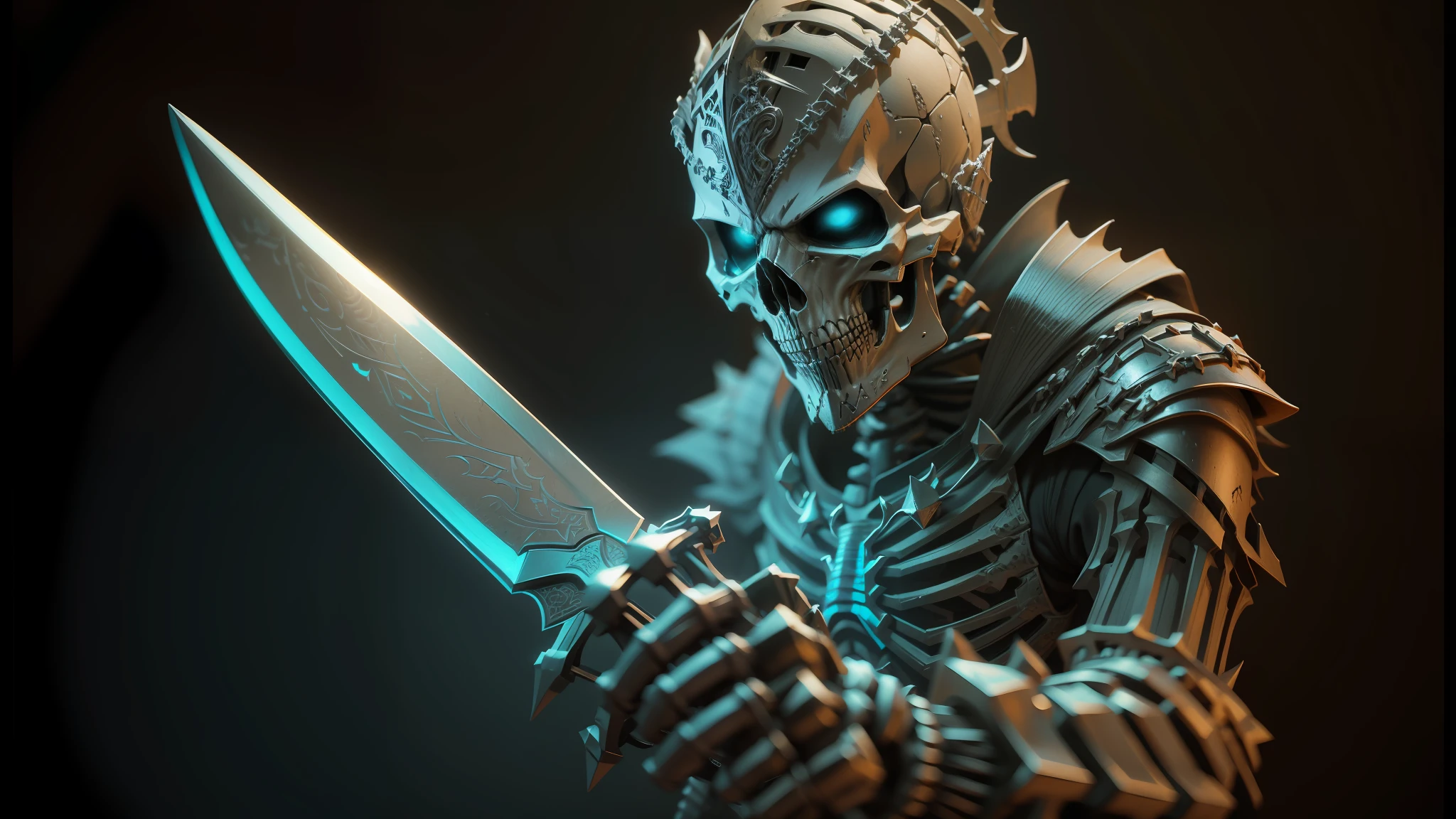 arafed skeleton with a knife in his hand and a skull on his arm, skeleton warrior, black skeleton sword guard, stuning fantasy 3 d render, skeleton knight, wearing a skeleton armor, 8 k highly detailed ❤🔥 🔥 💀 🤖 🚀, fantasy skull, scary detailed art in color, intricate assasin armor, intricate ornate anime cgi style, skeleton king --auto --s2