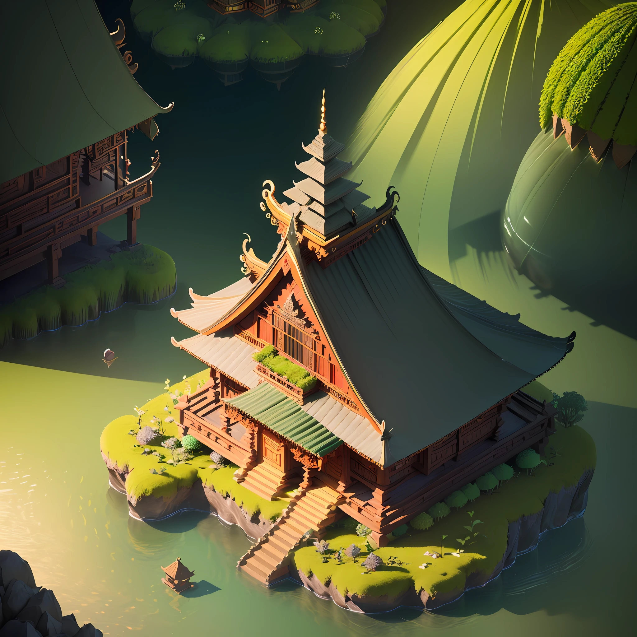 (isometric 3D),(masterpiece), (extremely detailed CG unity 8k wallpaper), (best quality), (best illustration), (best shadow),
a cute , Balinese Temple, A round turnip hut covered with moss
,octane render,ray tracing,ultra detailed