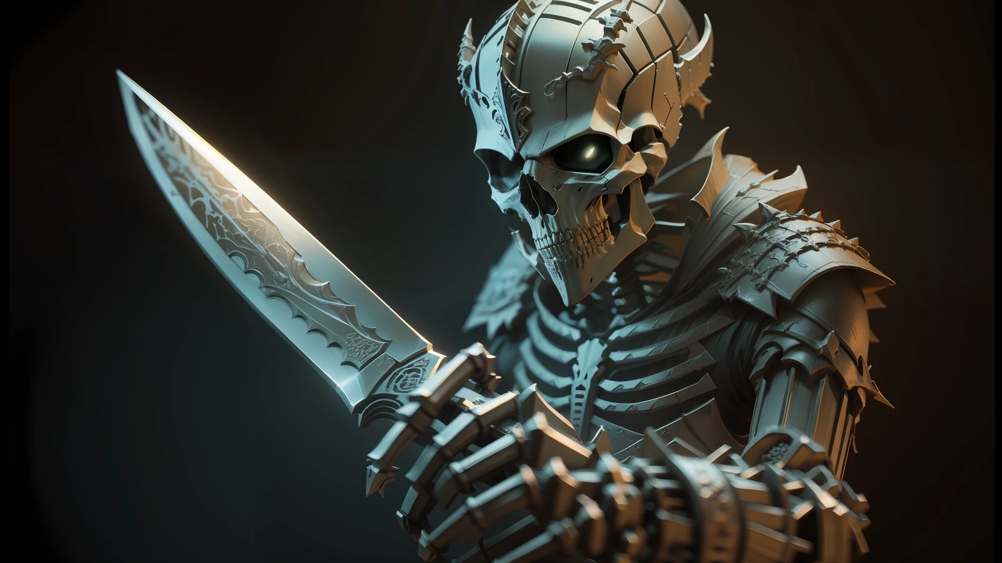 arafed skeleton with a knife in his hand and a skull on his arm, skeleton warrior, black skeleton sword guard, stuning fantasy 3 d render, skeleton knight, wearing a skeleton armor, 8 k highly detailed ❤🔥 🔥 💀 🤖 🚀, fantasy skull, scary detailed art in color, intricate assasin armor, intricate ornate anime cgi style, skeleton king --auto --s2