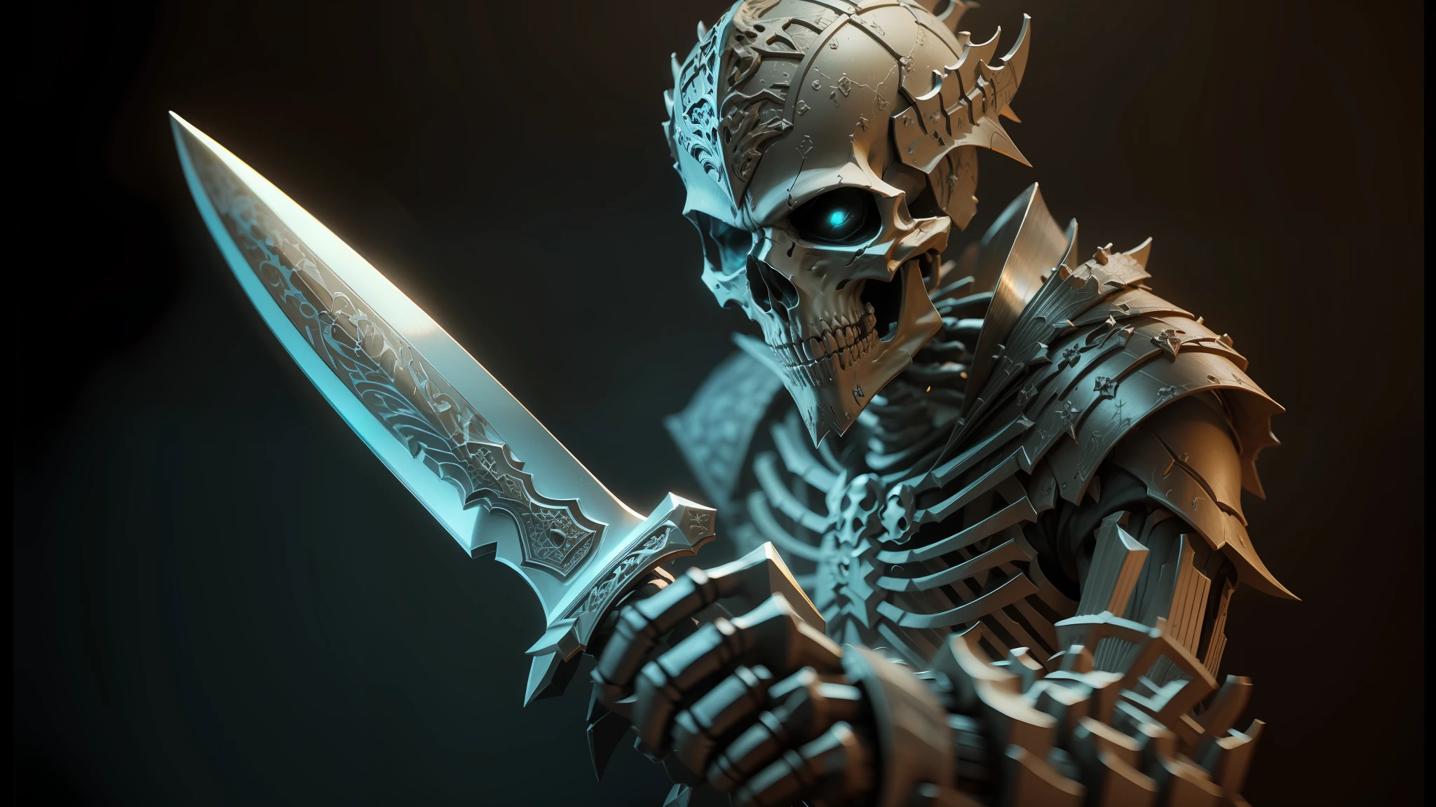 arafed skeleton with a knife in his hand and a skull on his arm, skeleton warrior, black skeleton sword guard, stuning fantasy 3 d render, skeleton knight, wearing a skeleton armor, 8 k highly detailed ❤🔥 🔥 💀 🤖 🚀, fantasy skull, scary detailed art in color, intricate assasin armor, intricate ornate anime cgi style, skeleton king --auto --s2