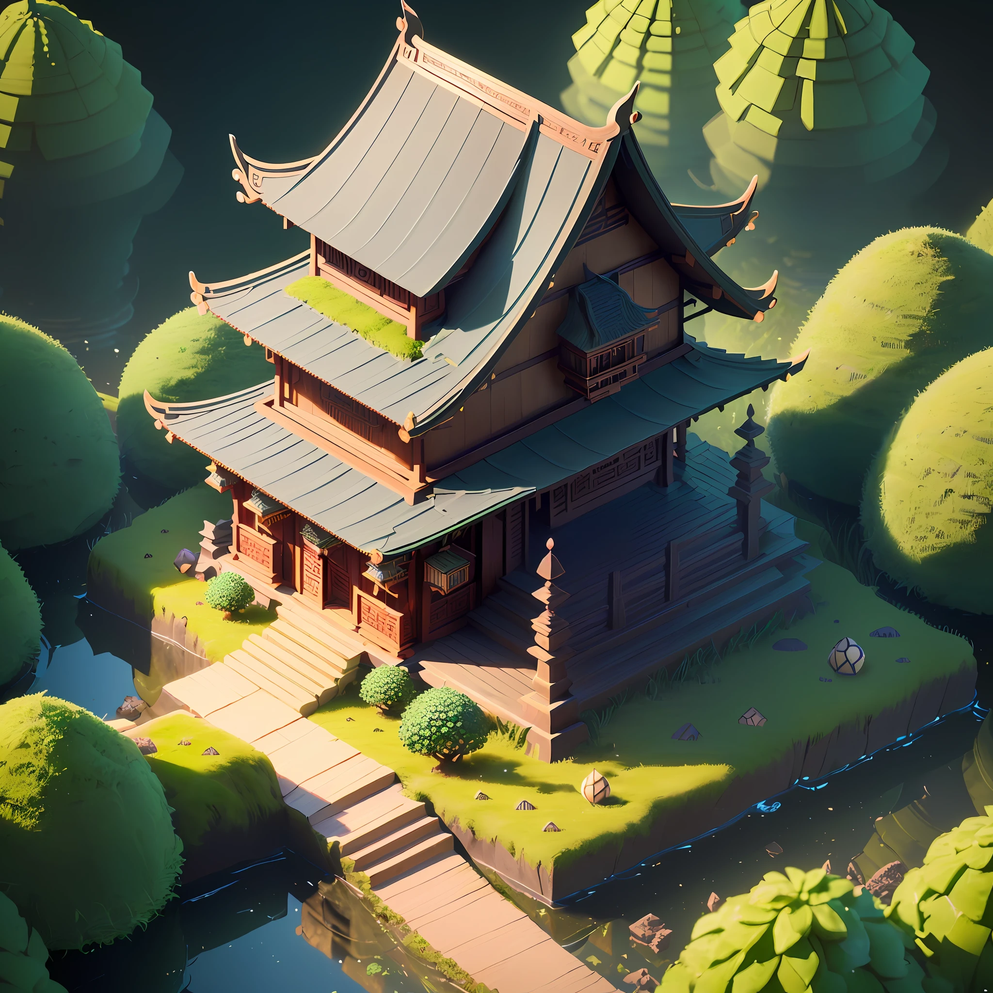 (isometric 3D),(masterpiece), (extremely detailed CG unity 8k wallpaper), (best quality), (best illustration), (best shadow),
a cute , Balinese Temple, A round turnip hut covered with moss
,octane render,ray tracing,ultra detailed
