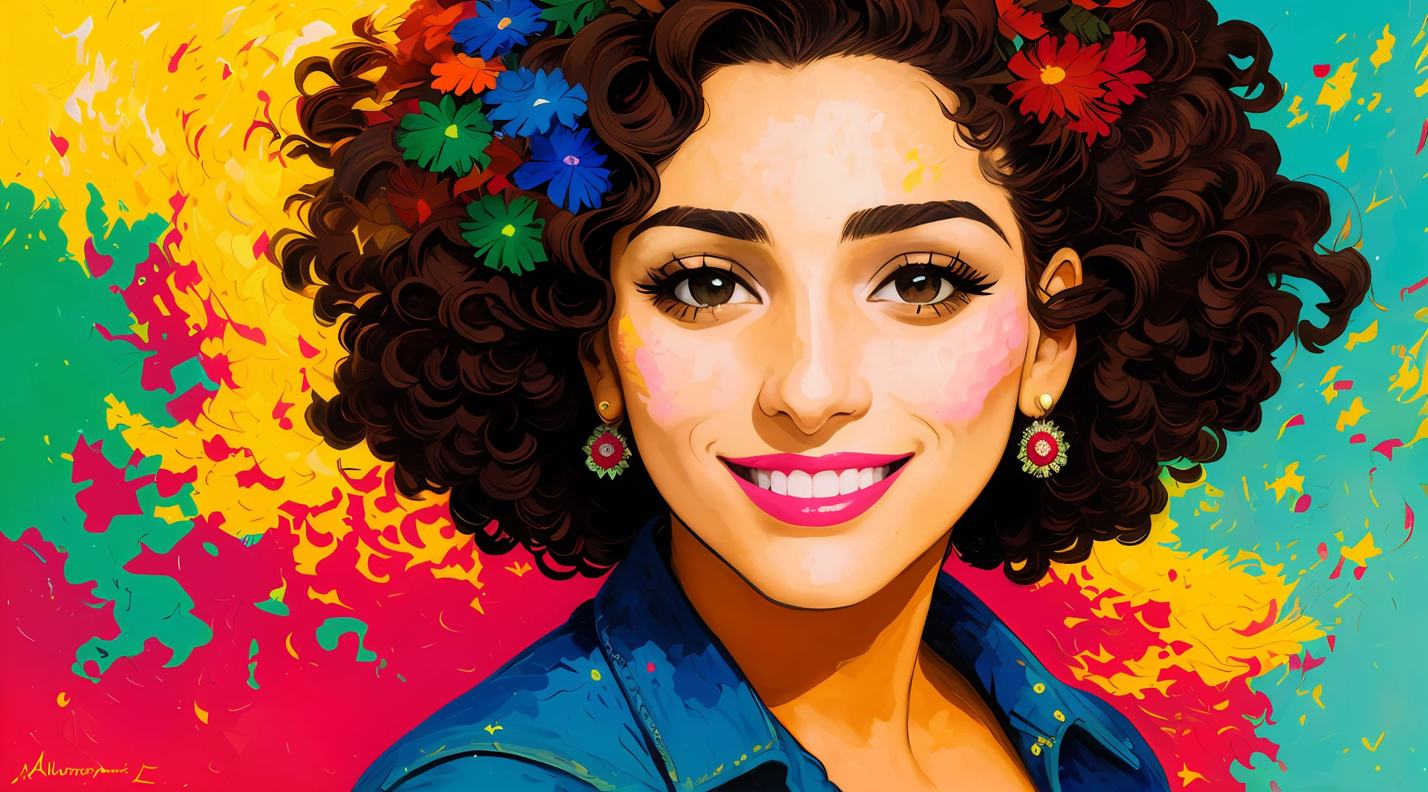 [closeup of the face of a young Mexican woman, 35 years old], smiling, explosive pose, expressionism, digital art, house background, absurdist, highly detailed, (brushstrokes:1.1), (acrylic paint:1.1), pointillism, mute colors, by Satoshi Kon, by Alphonse Mucha, by Raphael