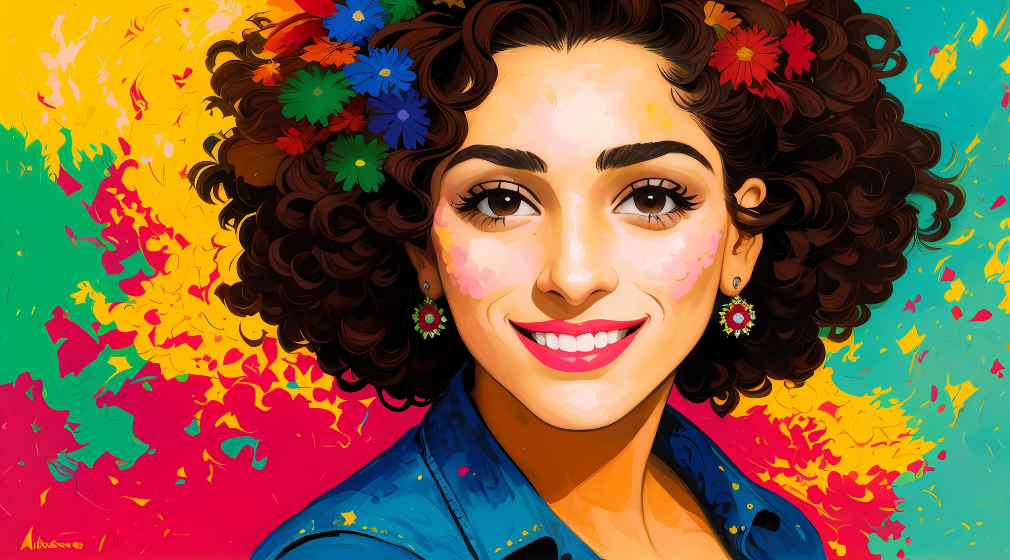 [closeup of the face of a young Mexican woman, 35 years old], smiling, explosive pose, expressionism, digital art, house background, absurdist, highly detailed, (brushstrokes:1.1), (acrylic paint:1.1), pointillism, mute colors, by Satoshi Kon, by Alphonse Mucha, by Raphael