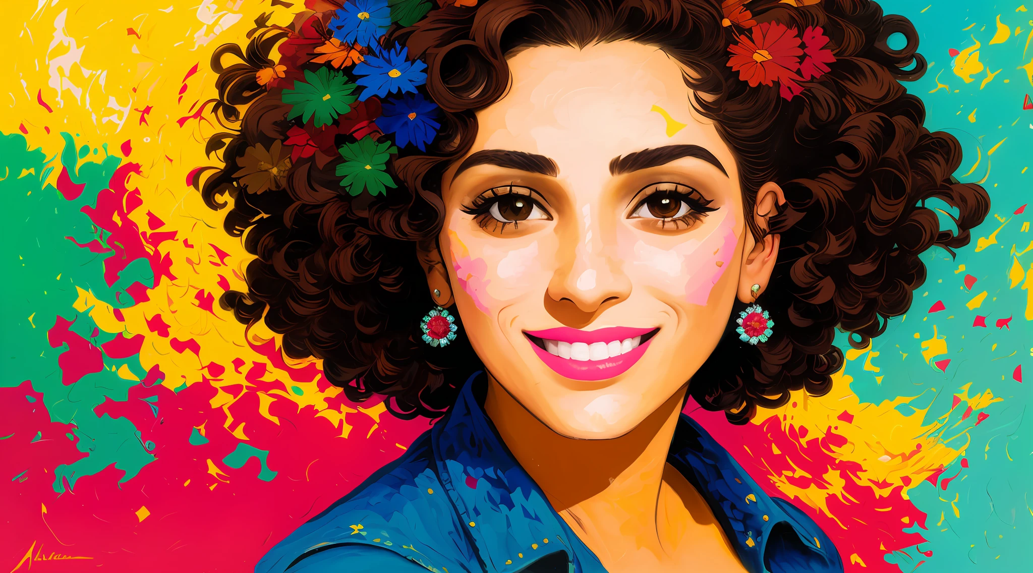 [closeup of the face of a young Mexican woman, 35 years old], smiling, explosive pose, expressionism, digital art, house background, absurdist, highly detailed, (brushstrokes:1.1), (acrylic paint:1.1), pointillism, mute colors, by Satoshi Kon, by Alphonse Mucha, by Raphael