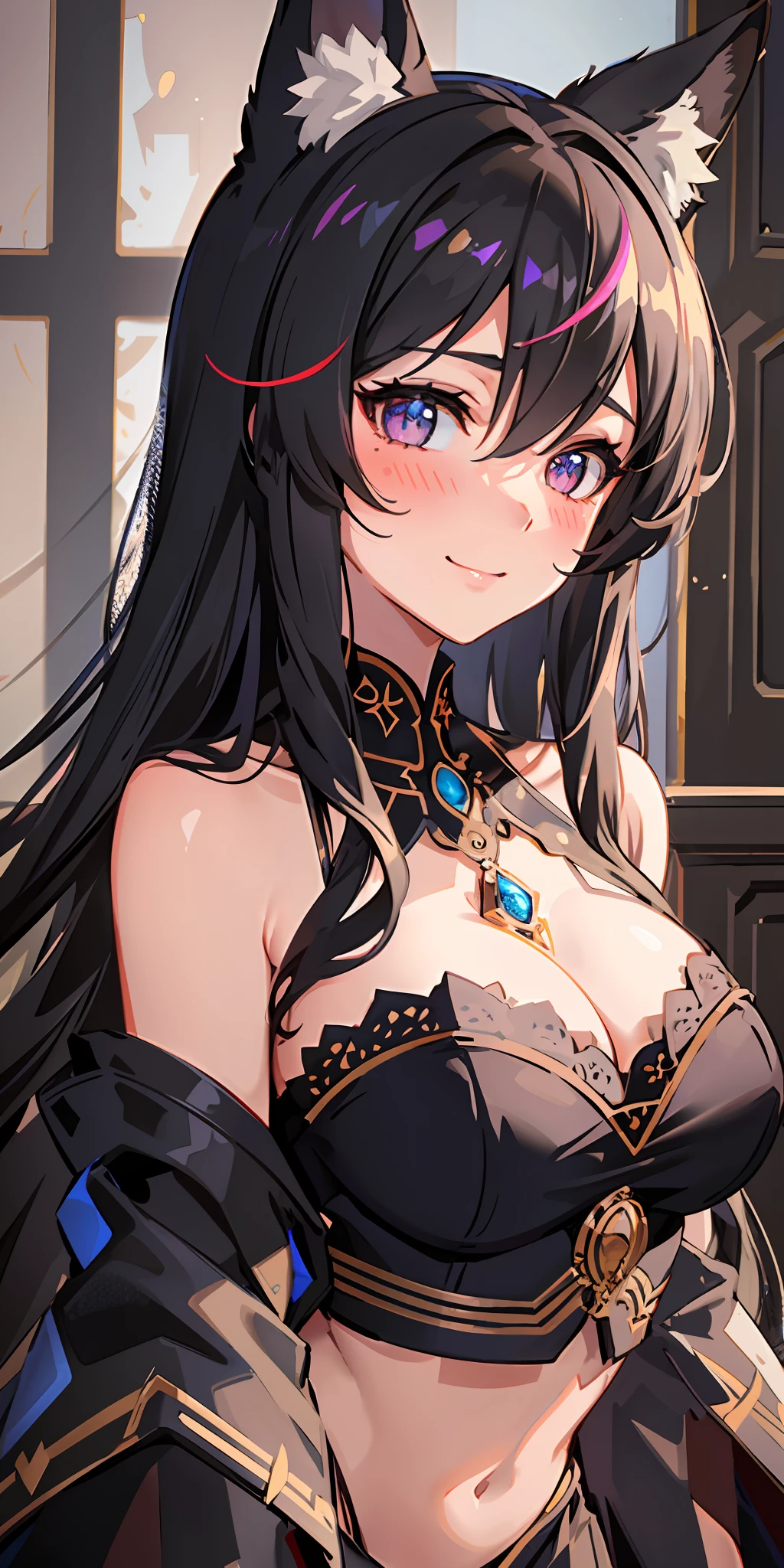 best quality, ultra-detailed, best shadow, dynamic angle, high contrast, (1girl, solo), fox ears, smile, (blush), (beautiful detailed face, beautiful detailed eyes), large breasts, midriff, (streaked hair, hair between eyes), long hair, lace dress, jewel, crystal
