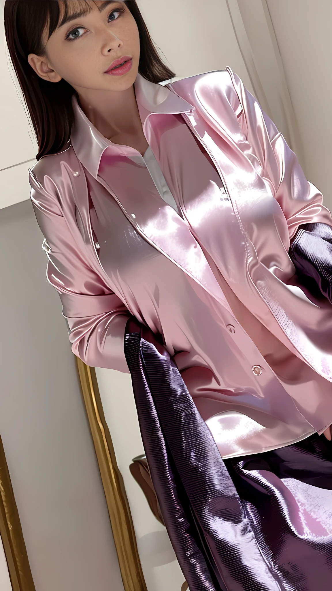 The highest quality, the highest image quality, the highest resolution, ultra-detailed, wear a satin wrench coat, the material of the satin wrench coat and satin blouse is shiny, soft and smooth to the touch, the buttons of the satin wrench coat are large, the buttons in front of the satin wrench coat are fastened, and the underwear is not worn, the collar of the satin blouse must be taken out of the satin wrench coat, Body-fitting satin blouse, chest is C cup, Japan fashion model, full body shooting so that the face also enters, one beauty, the location is the hotel bedroom, the eyes are clear double, wet lips and appeal,