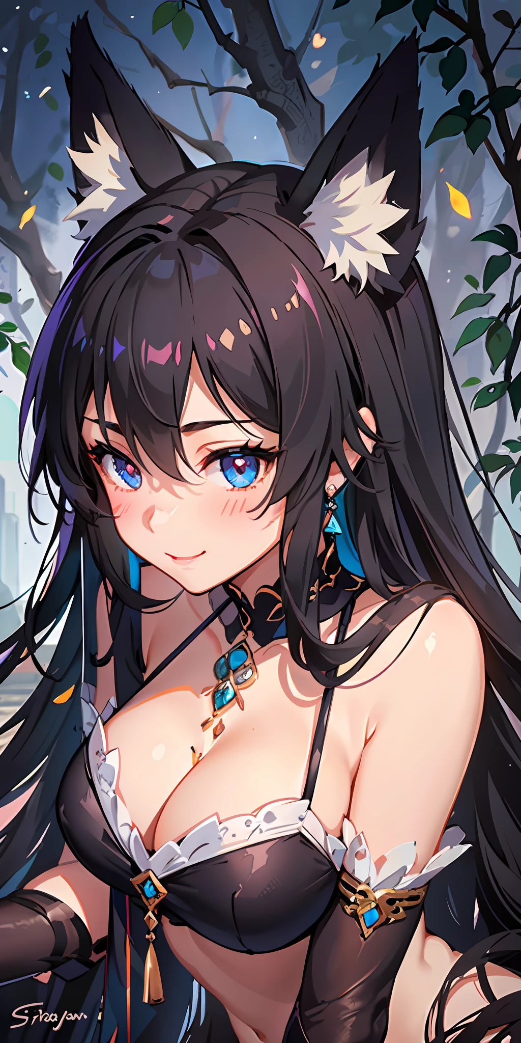 best quality, ultra-detailed, best shadow, dynamic angle, high contrast, (1girl, solo), fox ears, smile, (blush), (beautiful detailed face, beautiful detailed eyes), large breasts, midriff, (streaked hair, hair between eyes), long hair, lace dress, jewel, crystal