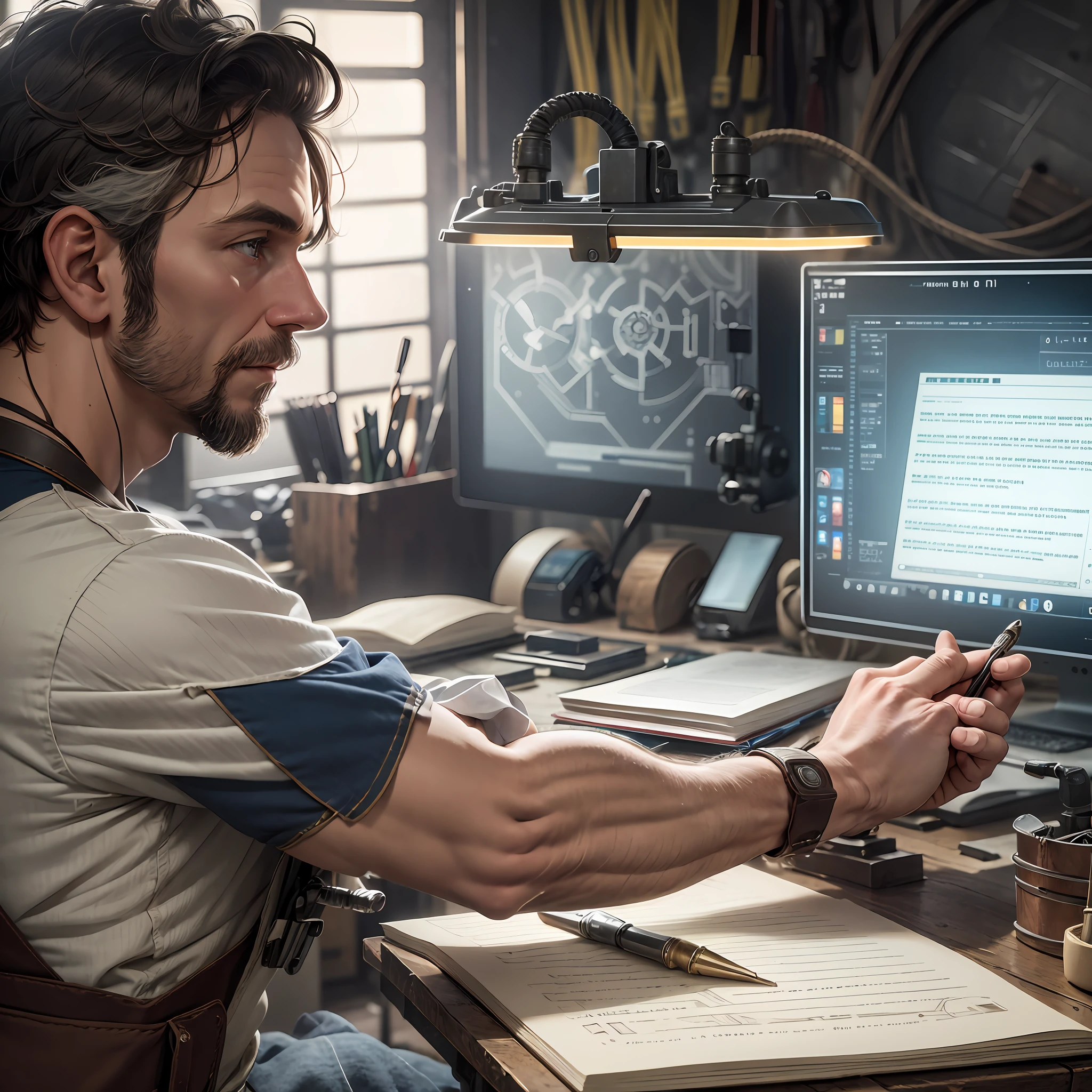 In the workshop illuminated by a soft white light, a skilled and determined man focuses on repairing a notebook with the skills of a true craftsman. His eyes are fixed on the bright screen, reflecting the intensity of his work.
The desk is full of notebooks in different states of disassembly. --auto --s2