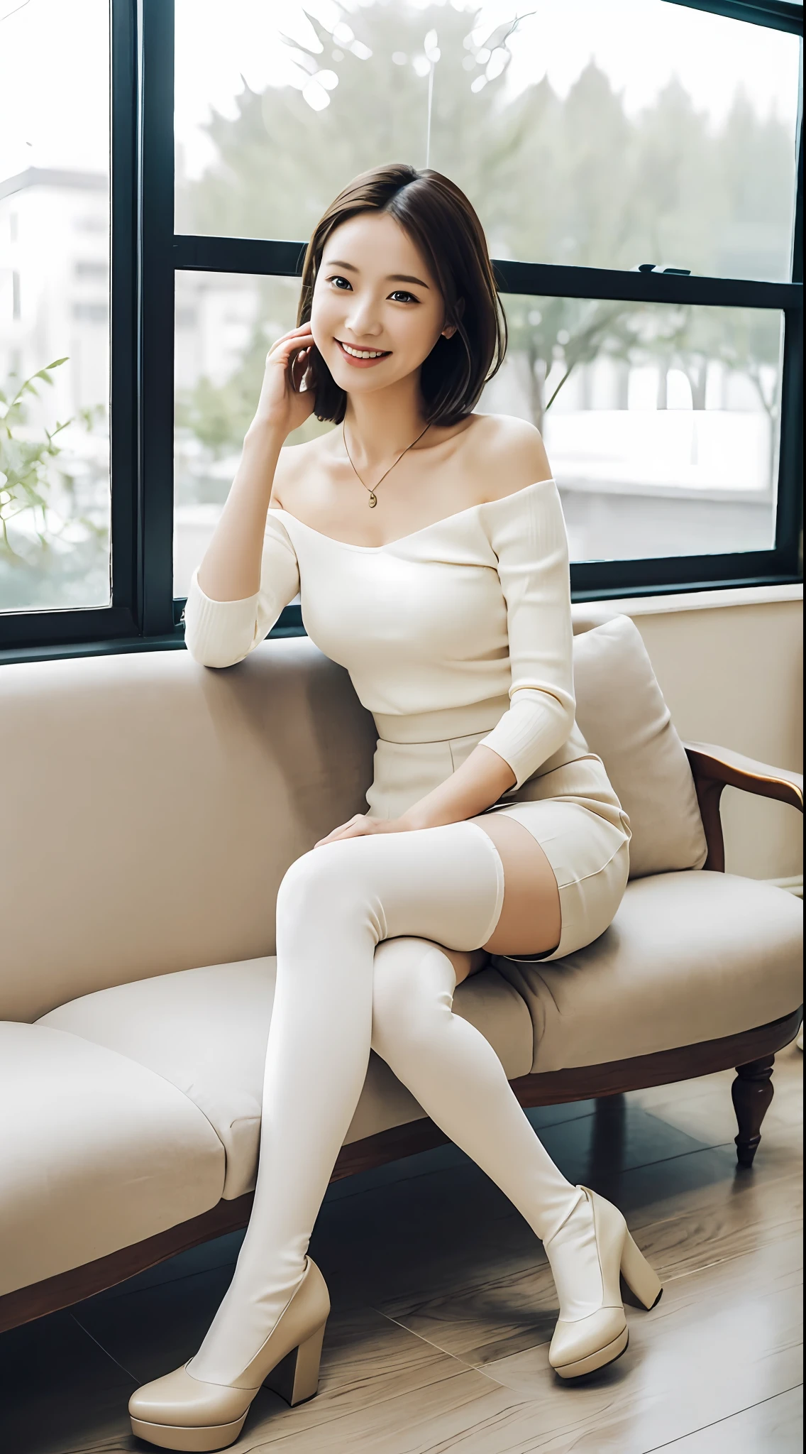 8K UHD, DSLR, Film Grain, Fujifilm XT3, (Top Quality: 1.3), (Masterpiece: 1.1), High Resolution, Cinematic Light, Intricate Detail, (Photorealistic), Outside, Beautiful Outside, Sunny, Beautiful Eyes, Big Eyes, Korean Girl, (Cafe: 1.5), Detailed Trees, Windowsill, Dimples, Bobcut, ( Flat chest: 1.4), viewer view, bare shoulders, pale beige camisole, ribbed sweater, (((sitting)), pencil skirt, pale beige high-waisted skirt, headrest, sitting, sitting on sofa, indoor, necklace, (white knee-high stockings))), (smile), (full body: 1.6), slender, (( High Heel: 2.5)), ((Pin Heel: 2.2)), Thumb and Four Fingers, Clean Fingers