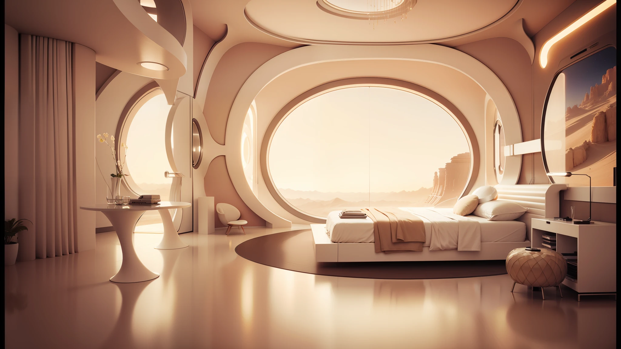 there is a large bed in a room with a round window, cozy 9 0 s bedroom retrofuturism, futuristic room, futuristic room background, futuristic interior, futuristic decor, retro futuristic apartment, futuristic looking living room, futuristic house, large futuristic residence, futuristic architectural art, futuristic decoration, futuristic in the desert, futuristic design, futuristic architecture concept, ultra - futuristic architecture --auto --s2