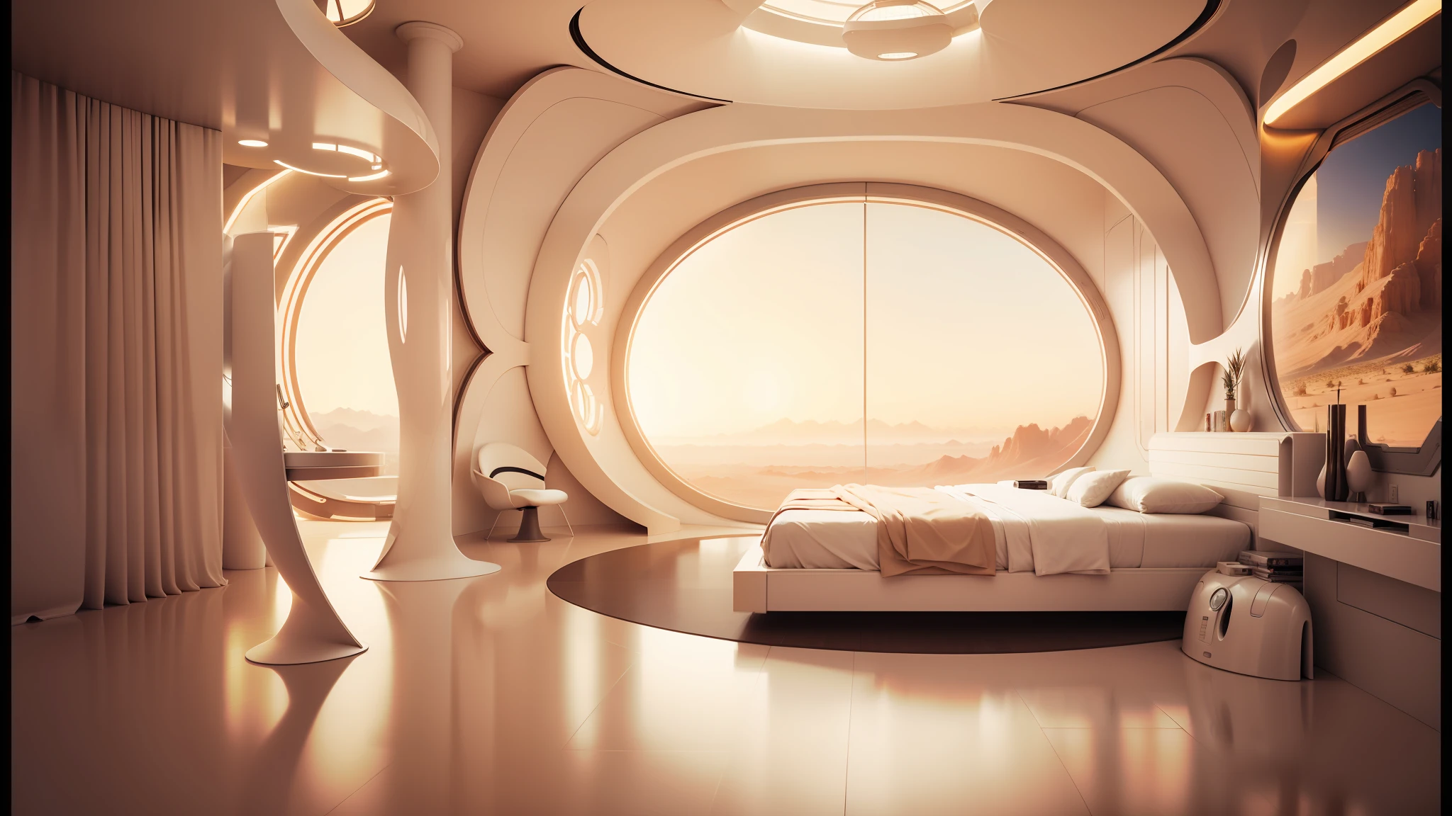 there is a large bed in a room with a round window, cozy 9 0 s bedroom retrofuturism, futuristic room, futuristic room background, futuristic interior, futuristic decor, retro futuristic apartment, futuristic looking living room, futuristic house, large futuristic residence, futuristic architectural art, futuristic decoration, futuristic in the desert, futuristic design, futuristic architecture concept, ultra - futuristic architecture --auto --s2