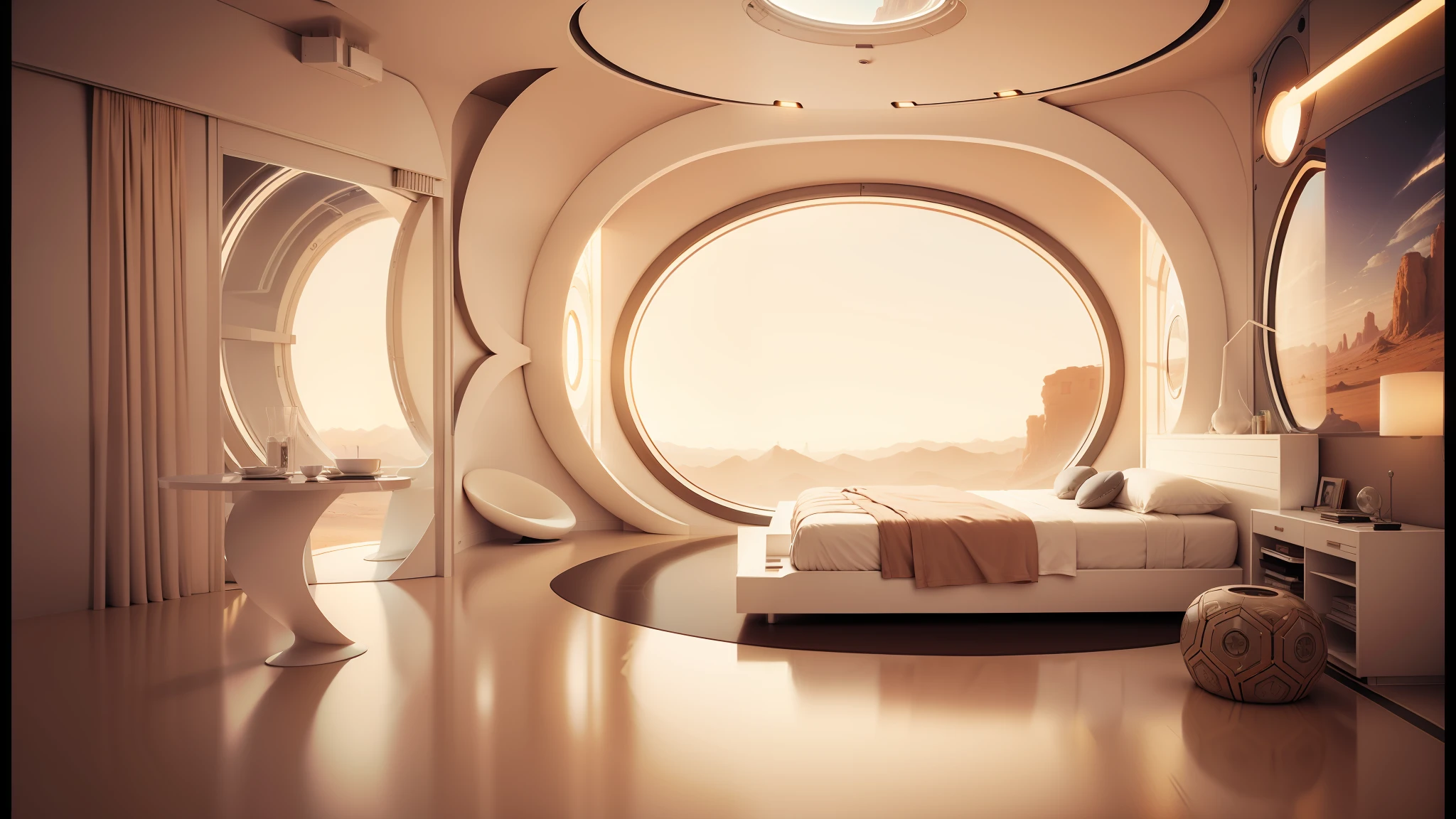there is a large bed in a room with a round window, cozy 9 0 s bedroom retrofuturism, futuristic room, futuristic room background, futuristic interior, futuristic decor, retro futuristic apartment, futuristic looking living room, futuristic house, large futuristic residence, futuristic architectural art, futuristic decoration, futuristic in the desert, futuristic design, futuristic architecture concept, ultra - futuristic architecture --auto --s2