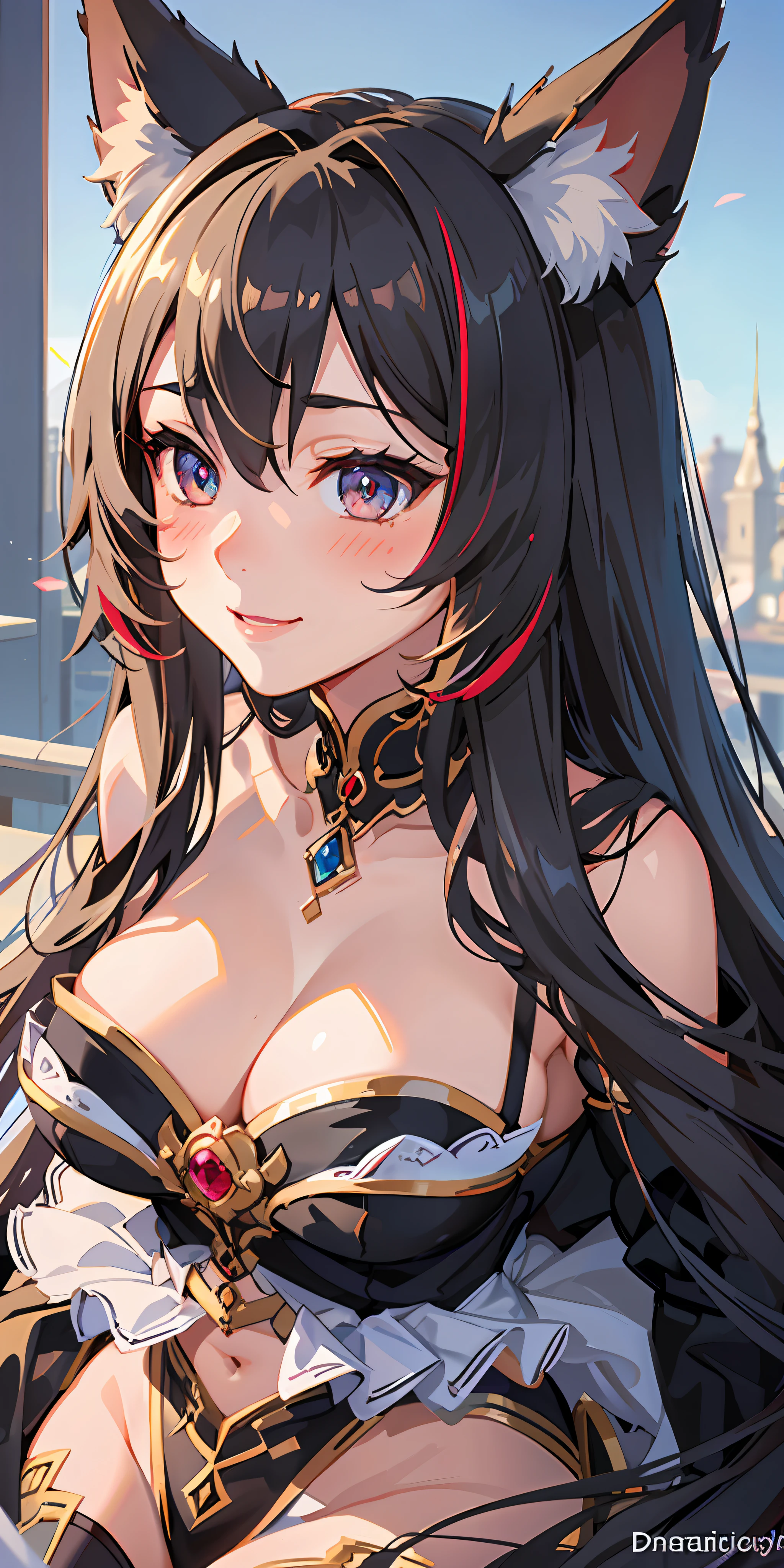 best quality, ultra-detailed, best shadow, dynamic angle, high contrast, (1girl, solo), fox ears, smile, (blush), (beautiful detailed face, beautiful detailed eyes), large breasts, midriff, (streaked hair, hair between eyes), long hair, lace dress, jewel, crystal