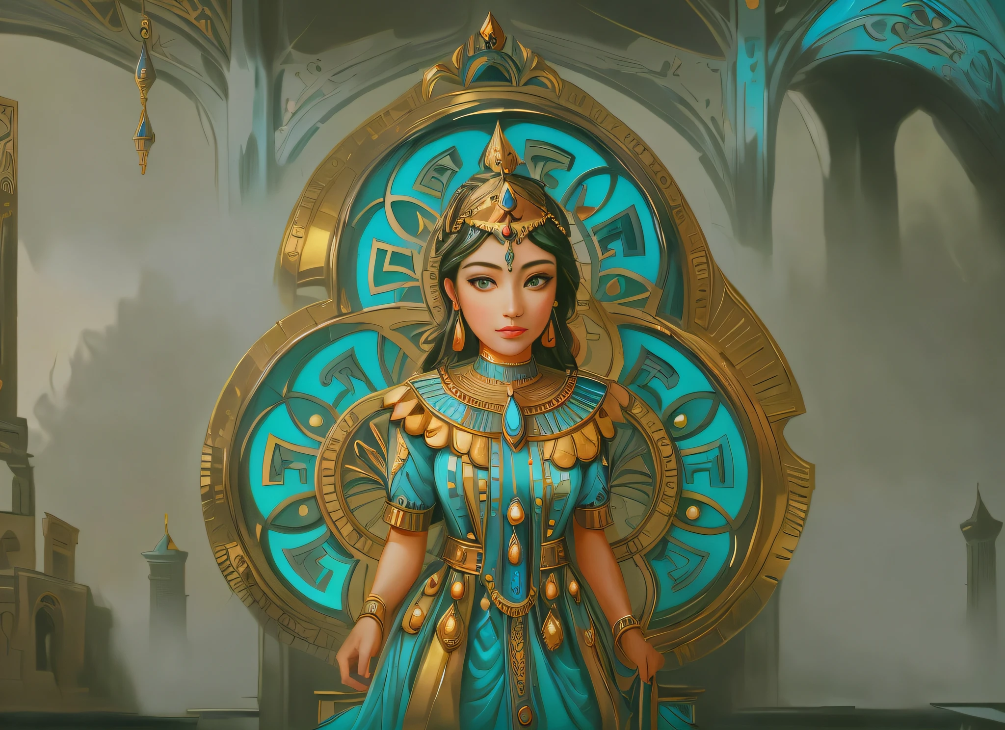 painting of a woman in a blue dress standing in front of a clock, ancient libu princess, a beautiful fantasy empress, portrait painting of a princess, a stunning portrait of a goddess, portrait of a beautiful goddess, islamic mandala of wealth, gilded lotus princess, goddess. extremely high detail, of egyptian princess, portrait of modern darna, egyptian princess, arabic princess