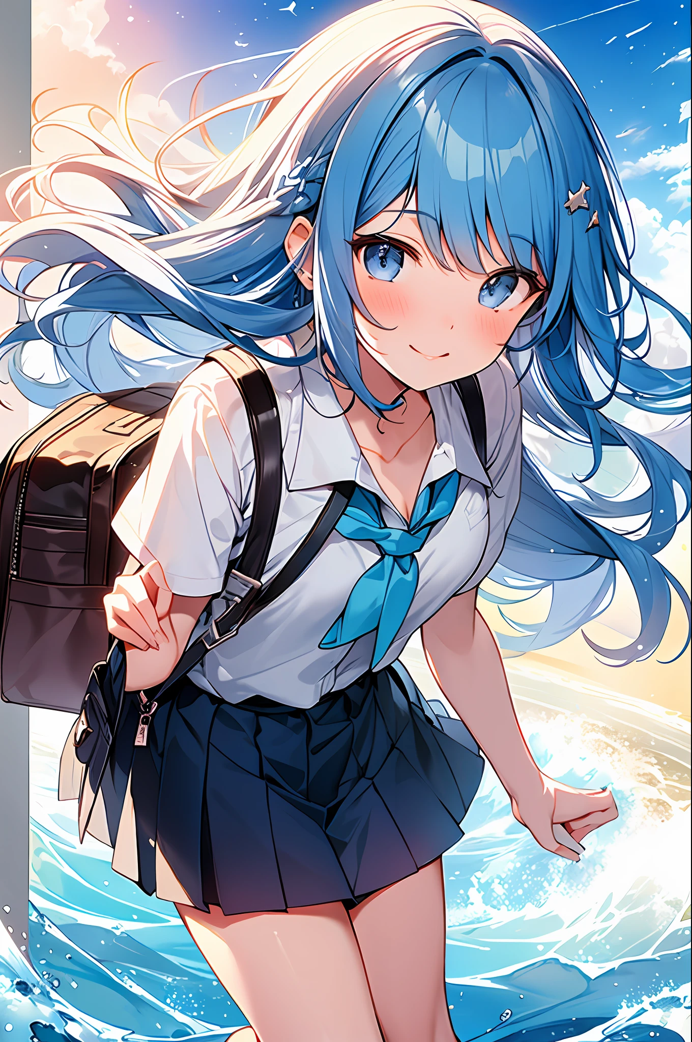 (Masterpiece, Best Quality, Best Quality, Watercolor (Medium), Official Art, Beautiful and Aesthetic: 1.2), (1 Girl: 1.3), (Fractal Art: 1.3), Full Body, Star-shaped Pupil, Viewer's Look, Pattern, (Blue Hair, Light Blue Hair, Half Blue and Half Light Blue Hair: 1.2), Water, Liquid, Cloud, Colorful, Sun, Sunlight, Cheeks Red, Smile, Glasses, Heterochromia, (Colorful: 1.5), Wet, School Uniform, Student Bag