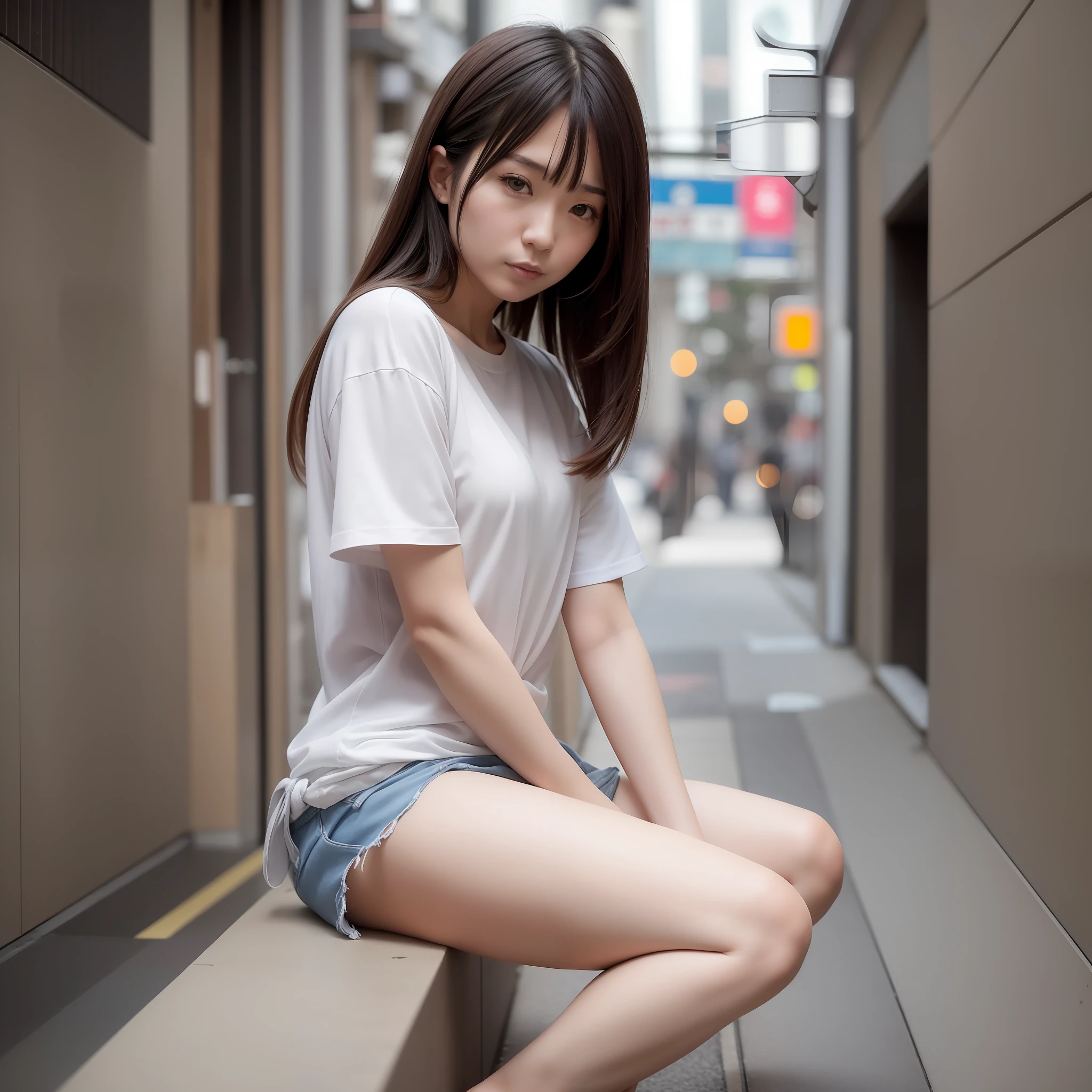 Japan person, 28 years old, beauty, woman, single, double, short sleeve, shirt, small, realistic, best quality, high resolution, photo, beautiful legs, in the city, long hair