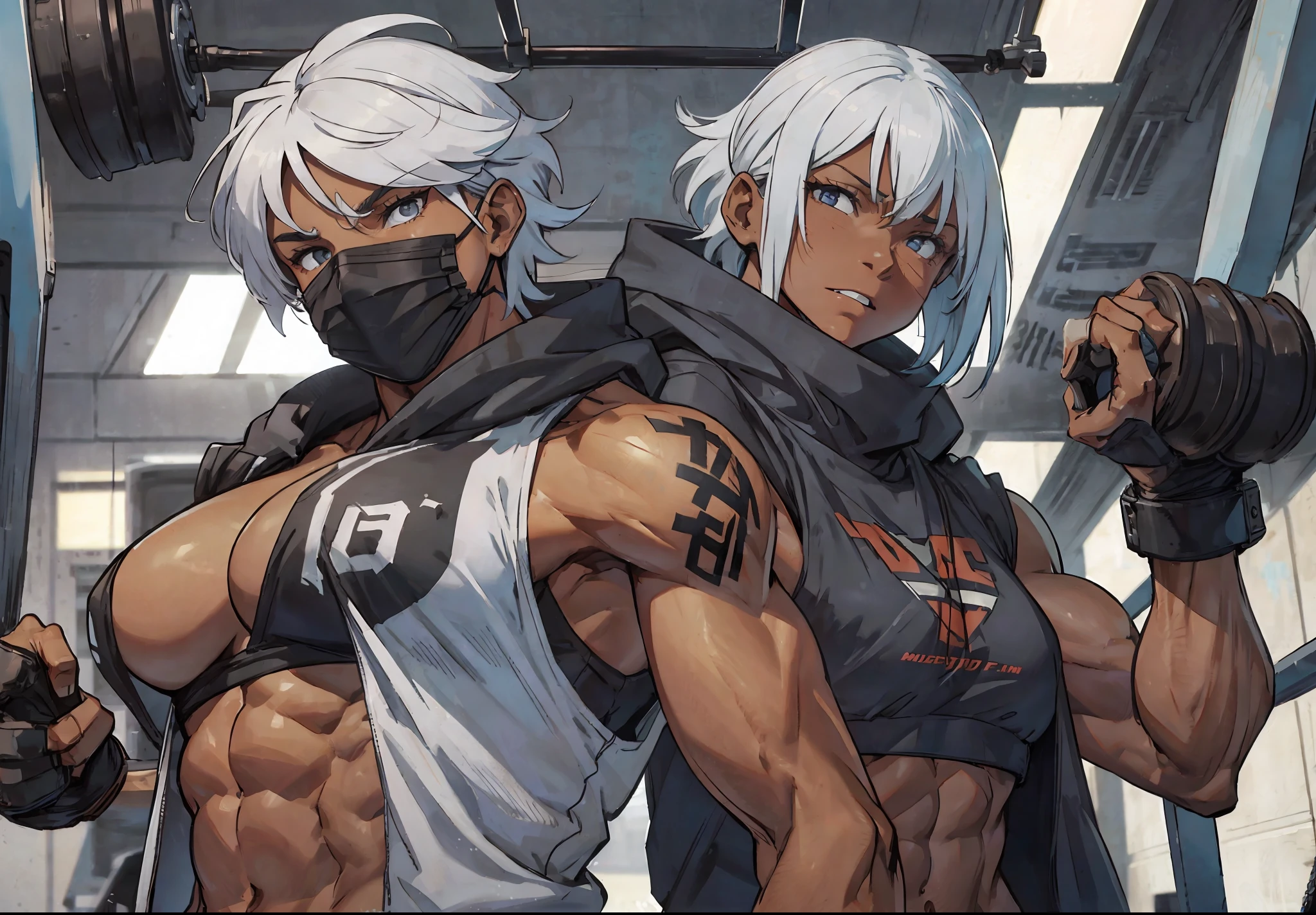 highly detailed, muscular girl in the gym area with her abs and muscle clearly visible, realistic painting, by Michael S. Smith, flexing pose, dynamic pose, (body_builder:1), (dark_skin:0.5),(1girl:1),(big_body:1.5),(muscular_body:0.9),white hair,((upper_body)), short hair, laugh with sharp teeth, (mouth_mask:1),camera from back, tatto, perfect body