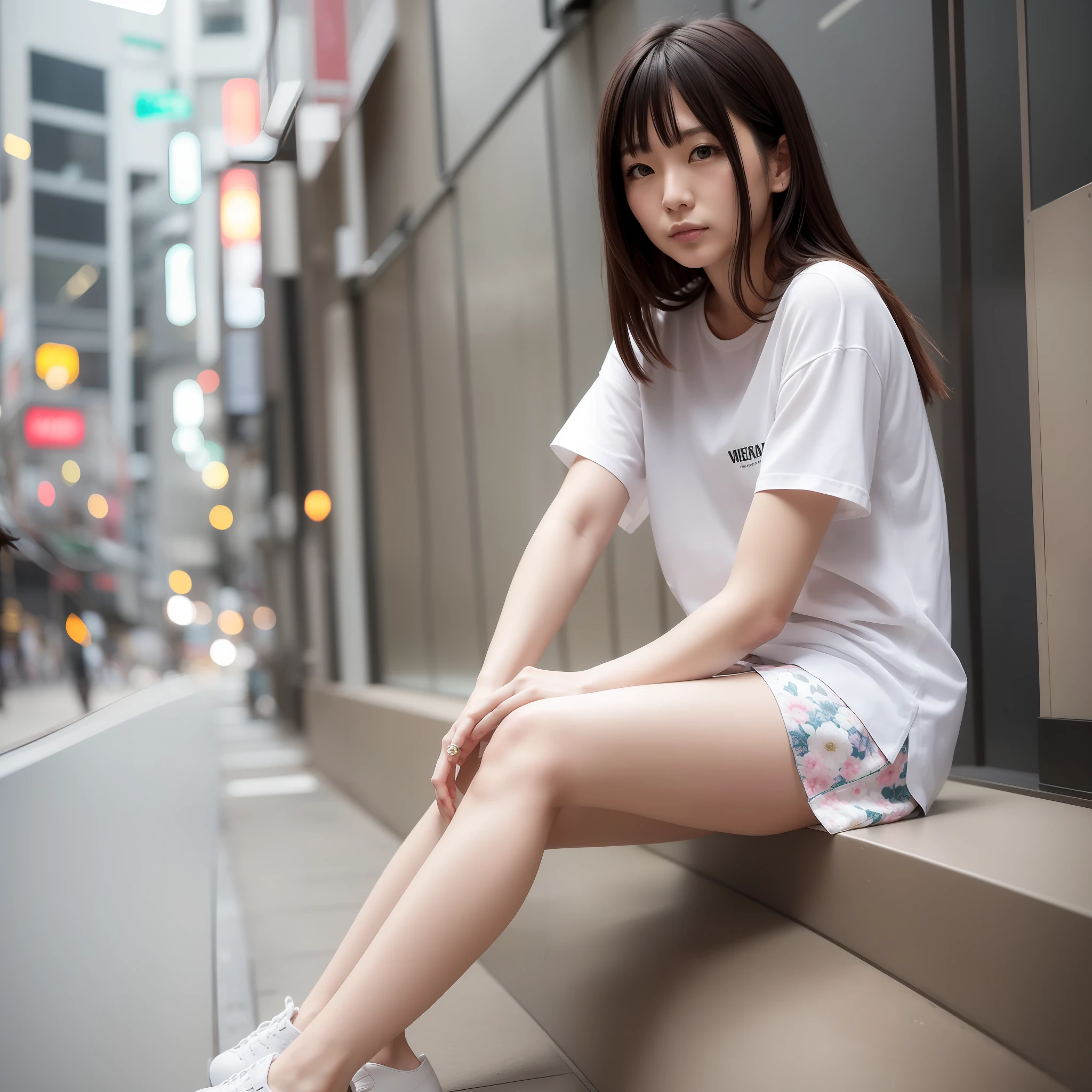 Japan person, 28 years old, beauty, woman, single, double, short sleeve, shirt, small, realistic, best quality, high resolution, photo, beautiful legs, in the city, long hair