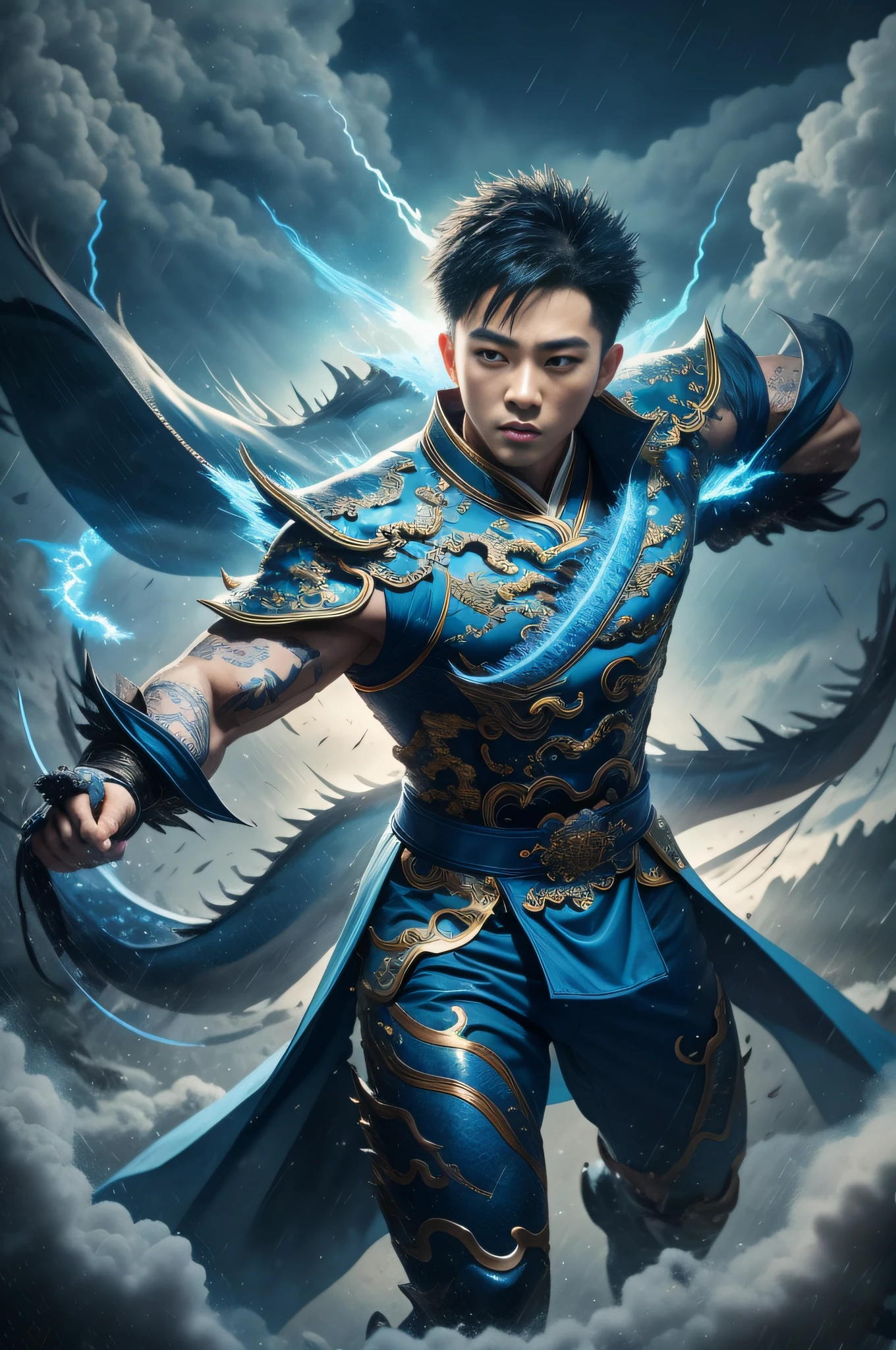 Handsome, 25 years old, Asian, master work, best picture quality, higher quality, high detail, super high resolution, (realistic: 1.4) 8k resolution, delicate facial features, boys, big muscles, tattoos, glowing eyes, short hair, white hair, hair details, (full body: 0.6), detailed background , [[look away, look to the side, emphasize homosexuality and pay attention to every detail , open Hanfu transparent tulle jacket, white rubber pants, circling dragon, Chinese garden background (crotch bulge), The body is full of thunder and lightning, (((((blue thunder)))) blue thunderbolt, fa gong, wind and thunder art, Chinese kung fu, fingerless gloves, wristbands, dragon theme costumes, monk robes, spinning floating particles, dynamic composition, heavy rain background, very many thunder and lightning flashing, night black background