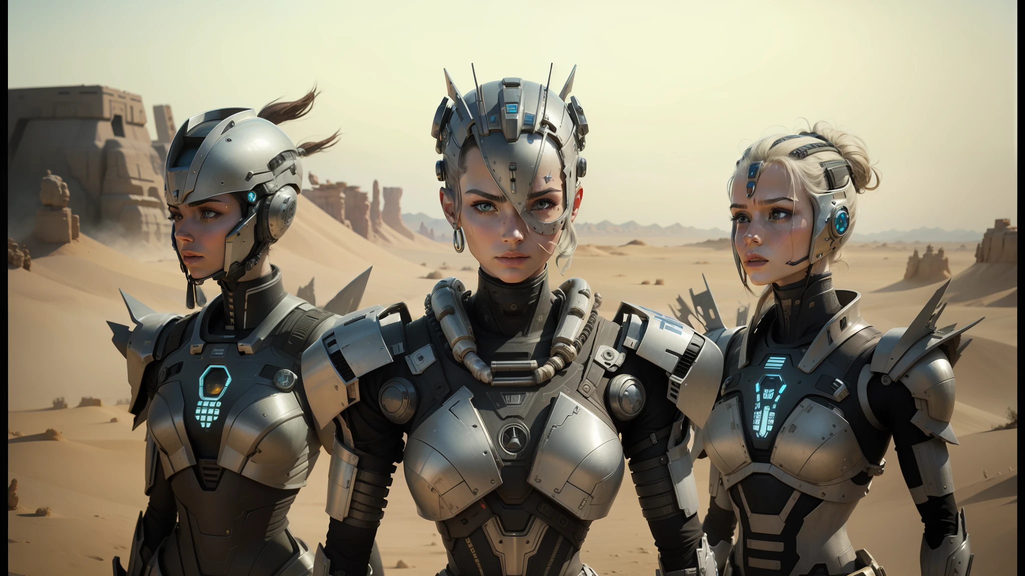 three robots in a desert with a sky background, film still from movie dune-2021, movie still of aztec cyborg, transformers : the last knight, robot cyborgs, perfect cyborg female, movie still of a villain cyborg, exoskeleton armor, beautiful alluring female cyborg, intricate cyborg armor, movie still of a cool cyborg --auto --s2