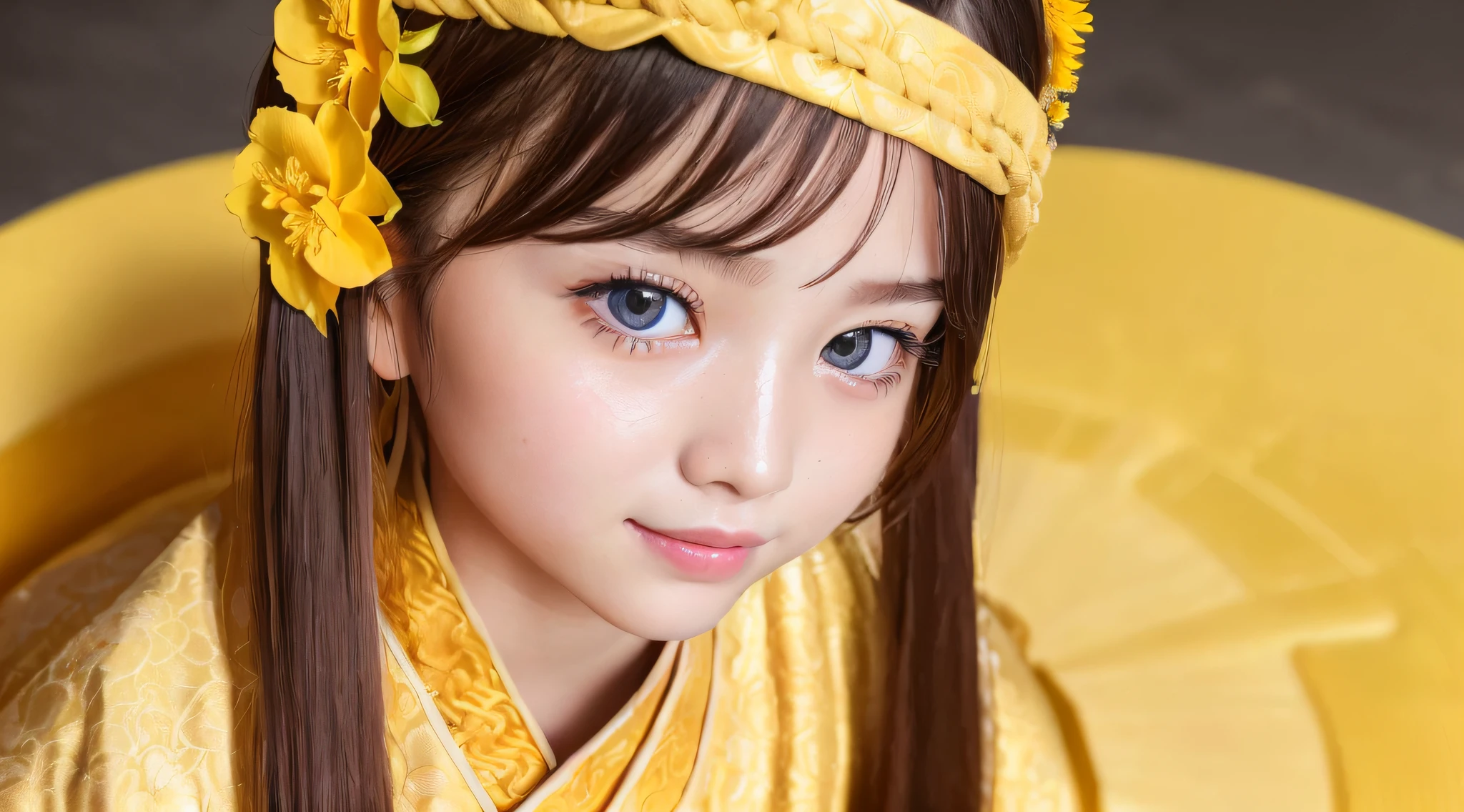 (ultra high res, photorealistic, realistic, best quality, photo-realistic), (highly detailed skin, visible pores), (real person, photography), (((yellow hanfu, chinese style)))), realistic, YELLOW background, upper body, (8k, raw photo, best quality, masterpiece), (1 girl RUSSIAN REDHEAD PORTRAIT ), photon mapping, radiosity, physics-based rendering, automatic white balance, ((haunting smile, long hair)), watery eyes,  (blush|cute and playful|lovely|thin|thick bangs|beauty|twintail|hair bun,),(looking at the viewer),(irises and pupils are rounded,pupil reflects the environment,eyes are not the same size),