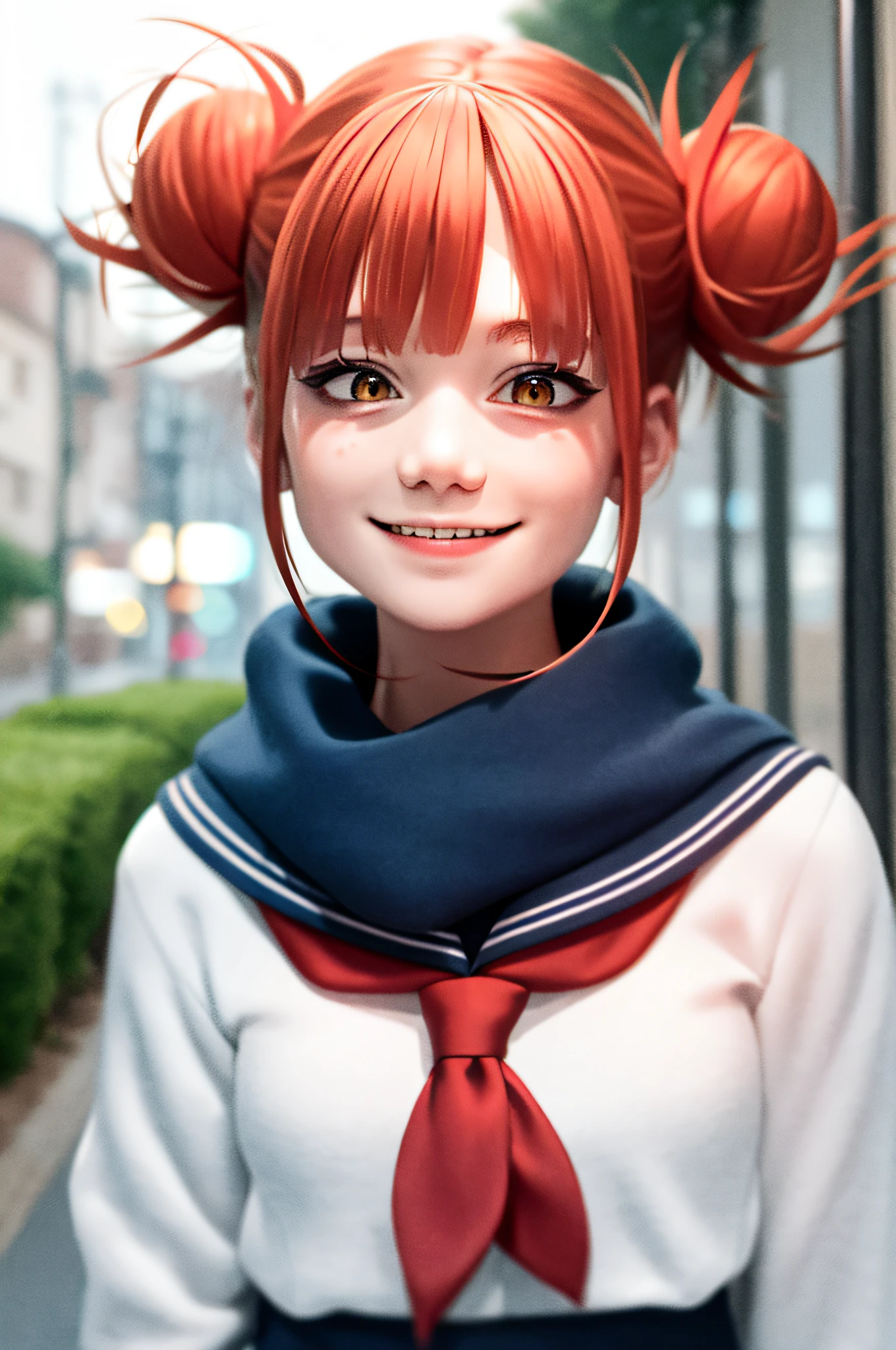 masterpiece, (photorealistic: 1.4), best quality, beautiful lighting, outdoor, toga himiko, boku no hero academia, 1girl, bags under eyes, bangs, red hair, blue sailor collar, blunt bangs, blunt, bun, double bun, smile, hair bun, hand up, happy, long sleeves, messy hair, scarf, red scarf, sailor collar, sanpaku, school uniform, serafuku, short hair,  sidelocks, severed pupils, smile, solo, upper body, V, yellow eyes, 18 years old